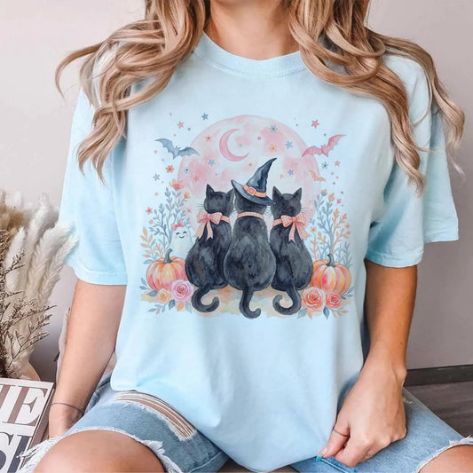 Witchy Black Cats Pumpkin Tee in Chambray— watercolor Halloween cat shirt with witch hat, blush moon, pumpkins & roses