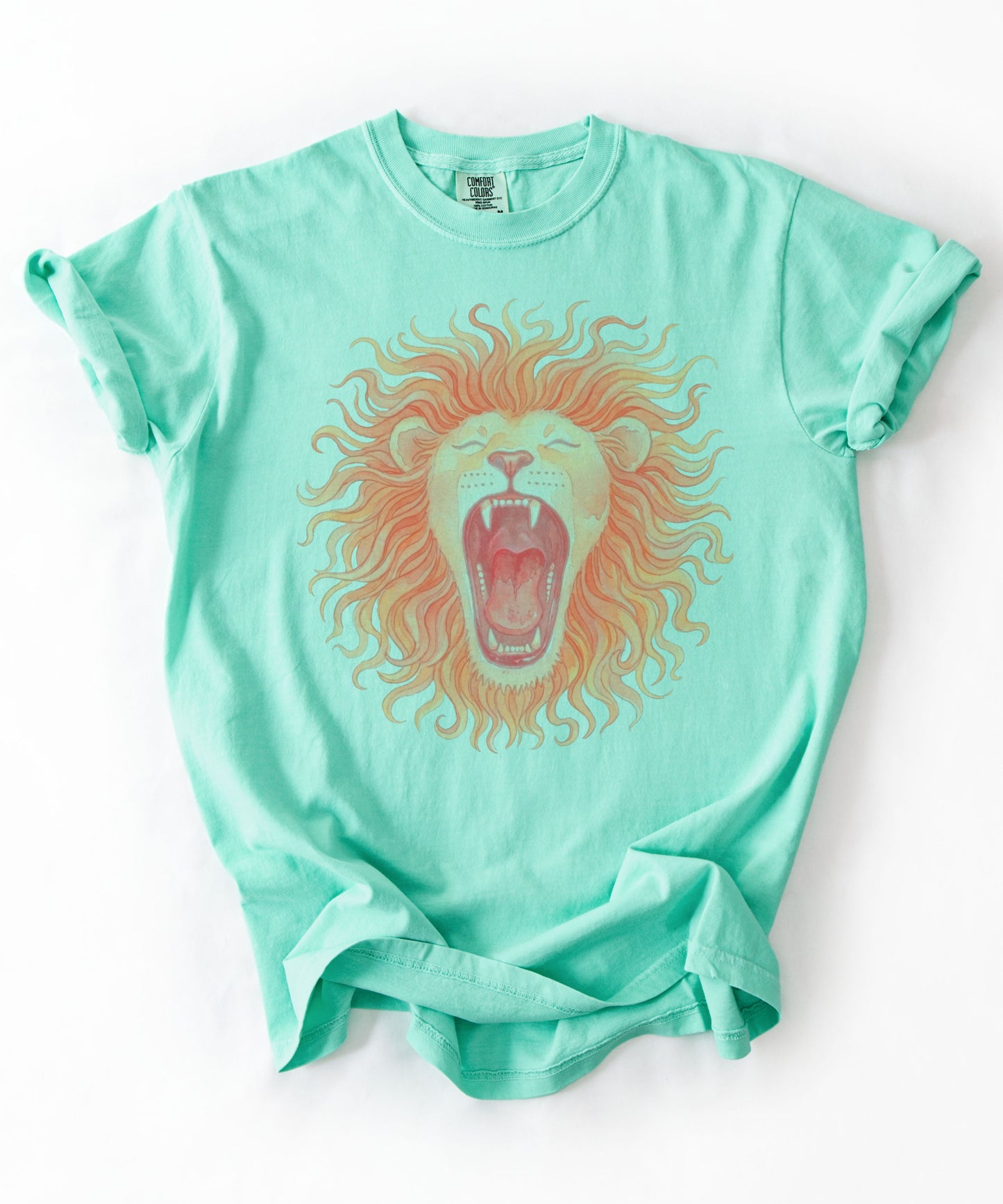 Roaring lion watercolor graphic t-shirt in Island Reef, garment-dyed cotton tee with bold mane print