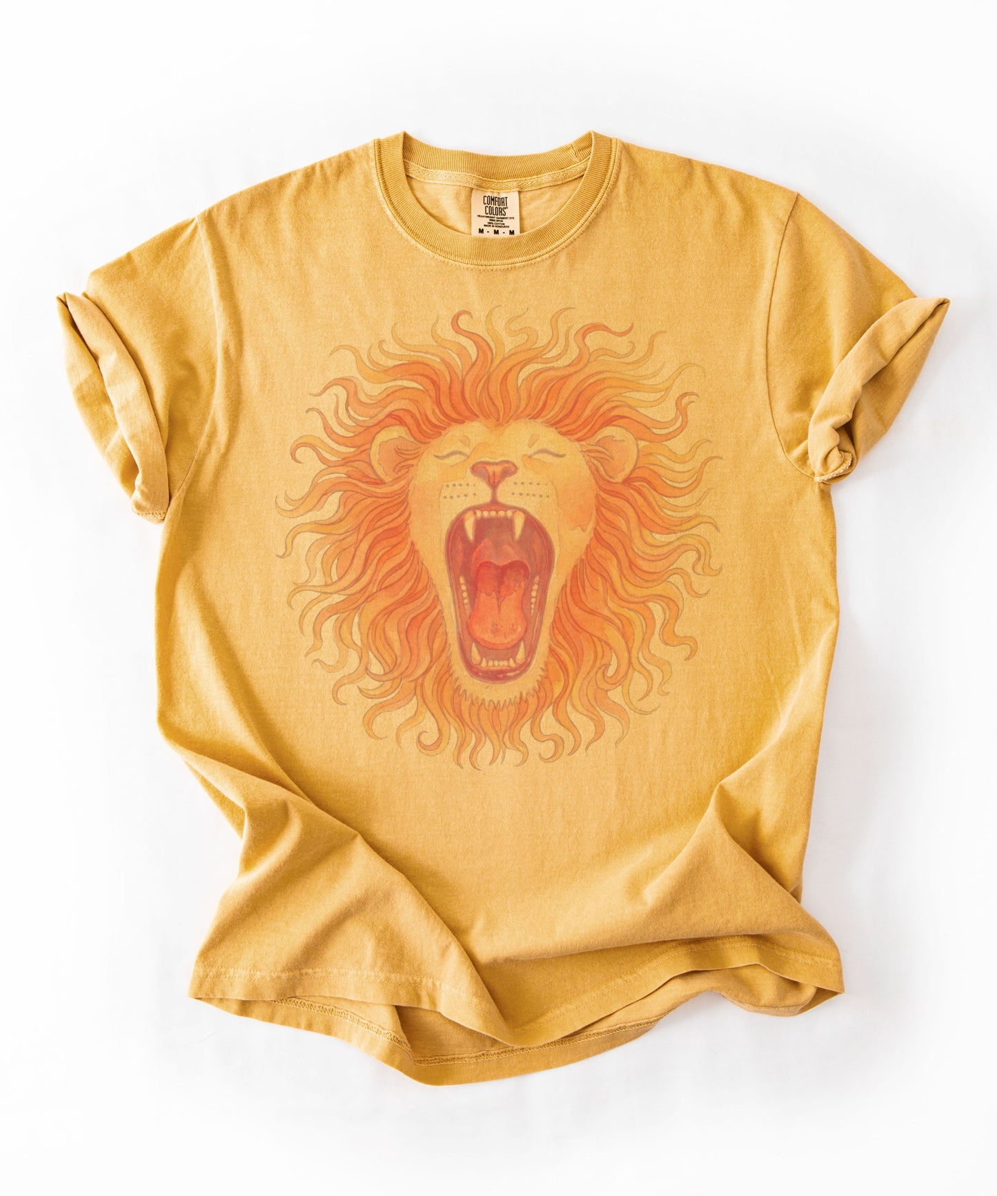 Roaring lion watercolor graphic t-shirt in Mustard , garment-dyed cotton tee with bold mane print