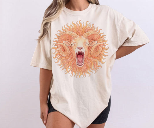 Roaring ram watercolor graphic t-shirt in Ivcory, garment-dyed cotton tee with mythic Aries sun mane design