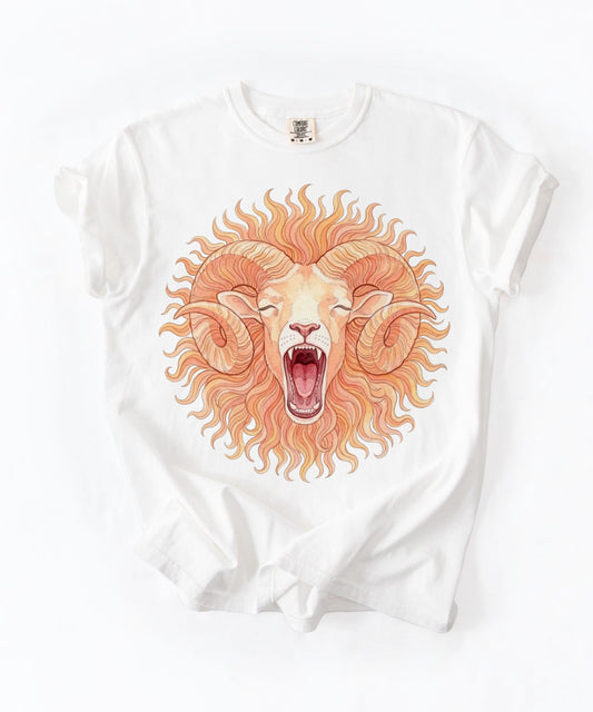Roaring ram watercolor graphic t-shirt in white, garment-dyed cotton tee with mythic Aries sun mane design