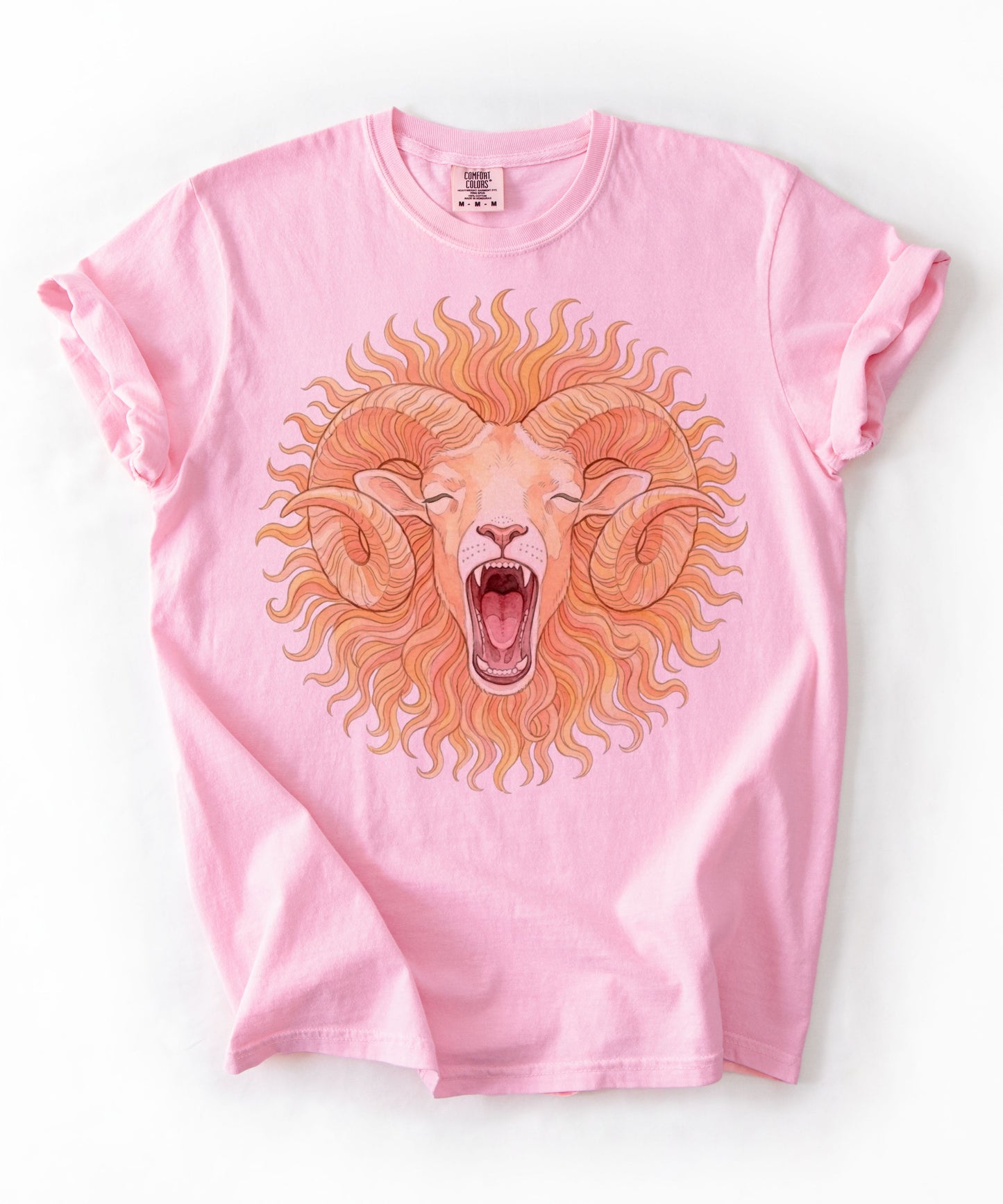 Roaring ram watercolor graphic t-shirt in Blossom, garment-dyed cotton tee with mythic Aries sun mane design