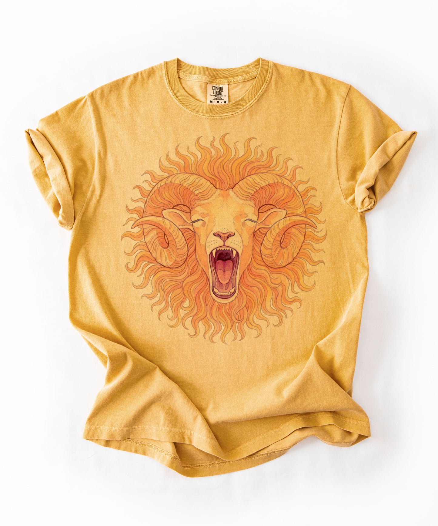 Roaring ram watercolor graphic t-shirt in Mustard, garment-dyed cotton tee with mythic Aries sun mane design