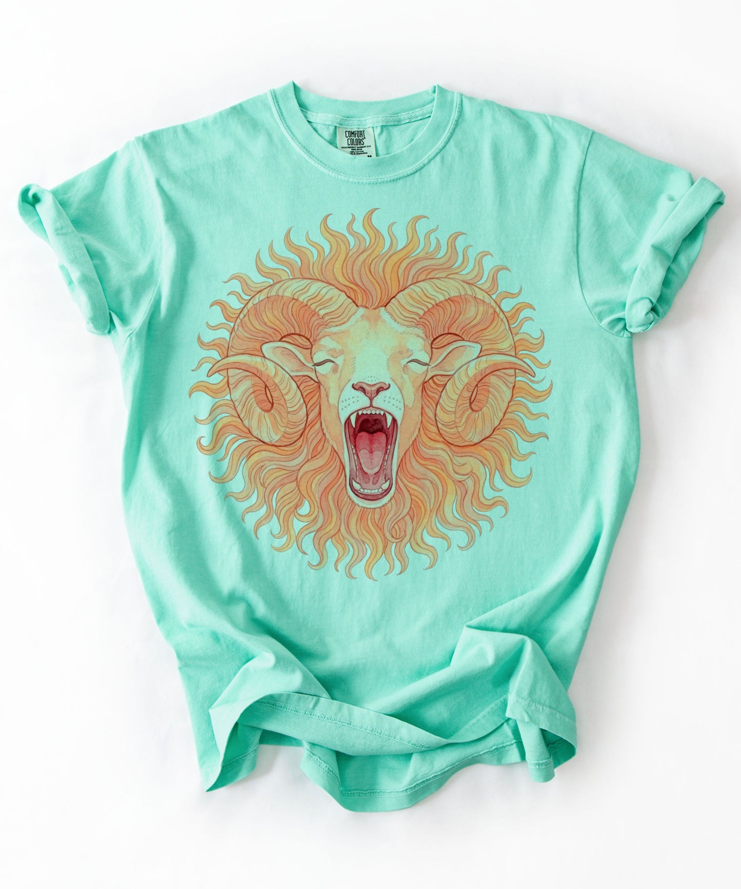 Roaring ram watercolor graphic t-shirt in Island Reef, garment-dyed cotton tee with mythic Aries sun mane design
