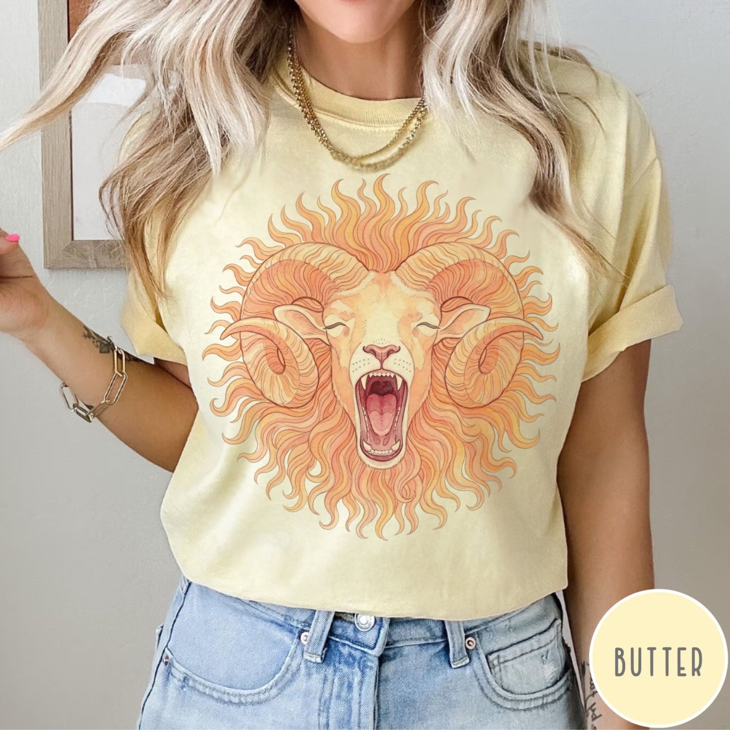 Roaring ram watercolor graphic t-shirt in Butter, garment-dyed cotton tee with mythic Aries sun mane design