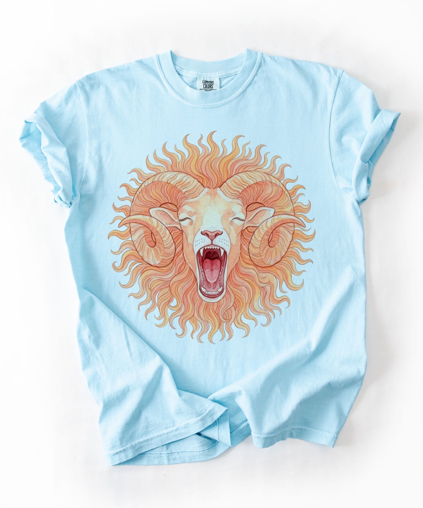 Roaring ram watercolor graphic t-shirt in Chambray, garment-dyed cotton tee with mythic Aries sun mane design