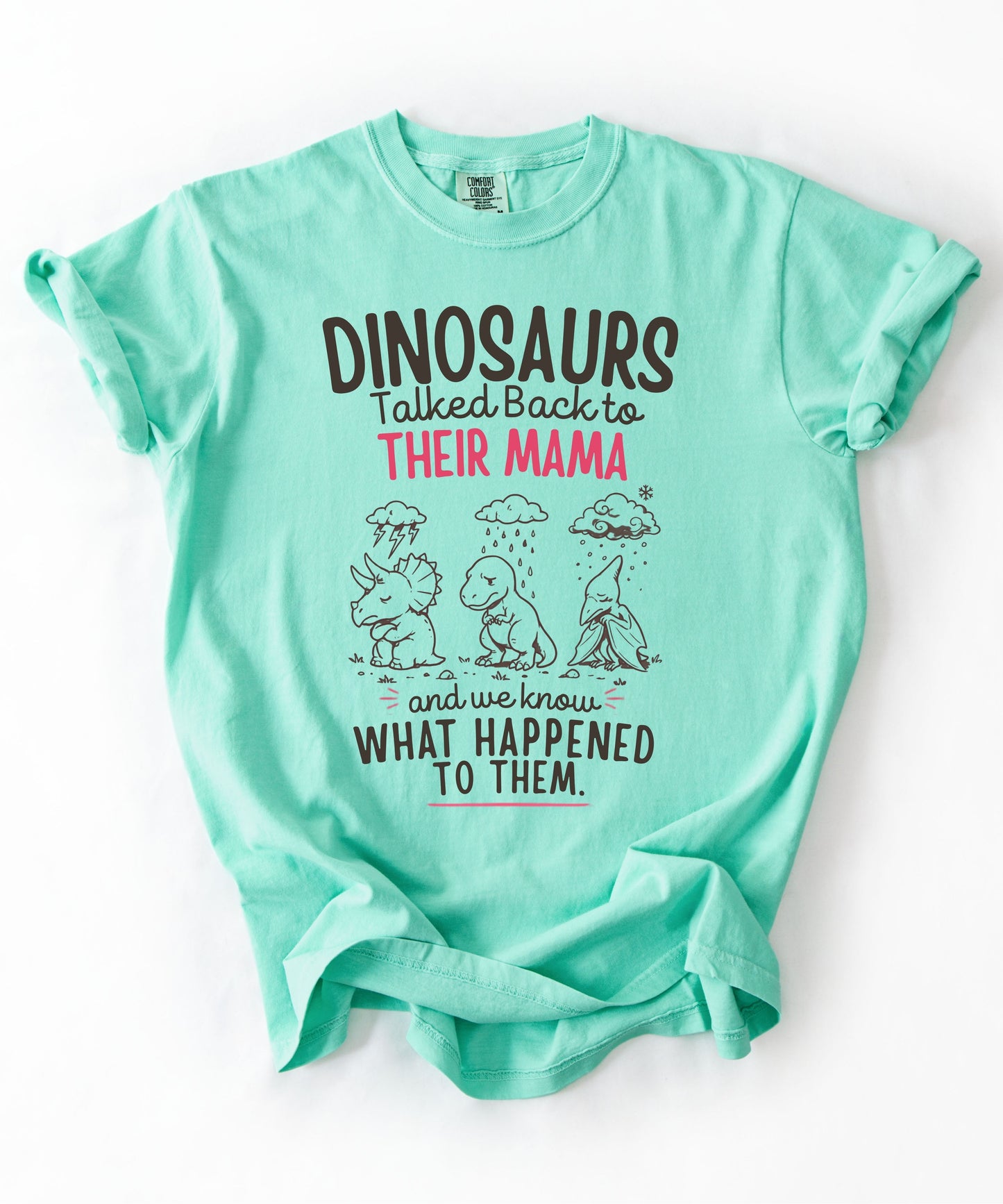 Island Reef color Funny dinosaur graphic tee featuring retro dino illustration with phrase "Dinosaurs talked back to their mama and we know what happened to them" — front view on garment-dyed cotton