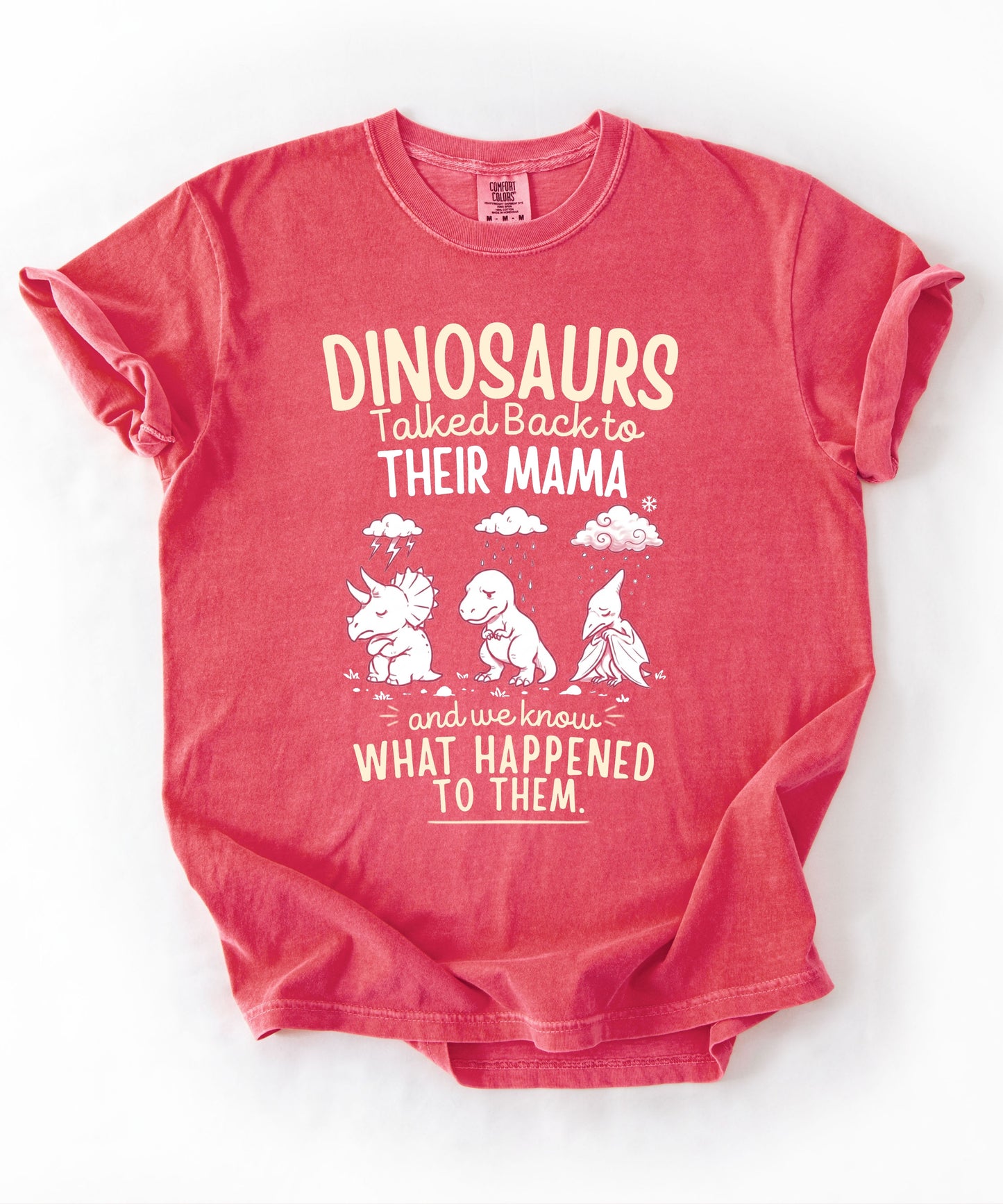 Watermelon color Funny dinosaur graphic tee featuring retro dino illustration with phrase "Dinosaurs talked back to their mama and we know what happened to them" — front view on garment-dyed cotton