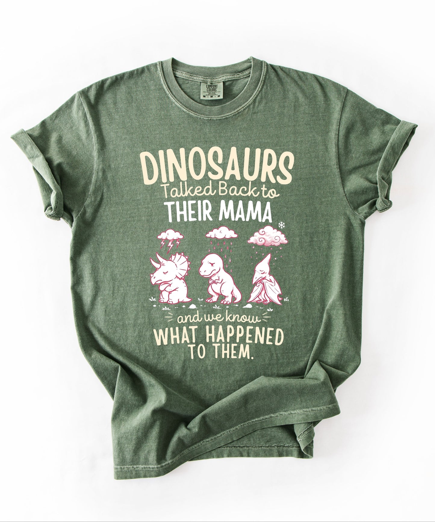 Moss Color Funny dinosaur graphic tee featuring retro dino illustration with phrase "Dinosaurs talked back to their mama and we know what happened to them" — front view on garment-dyed cotton