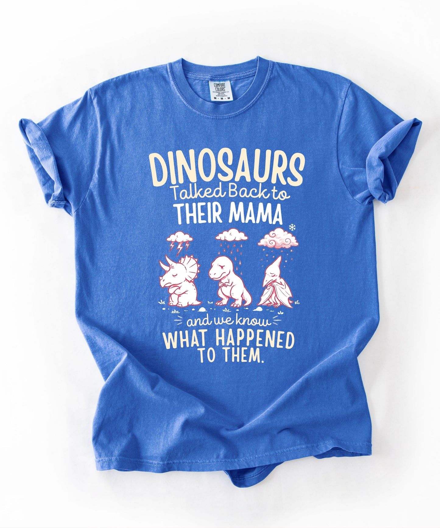 Flo Blue color Funny dinosaur graphic tee featuring retro dino illustration with phrase "Dinosaurs talked back to their mama and we know what happened to them" — front view on garment-dyed cotton