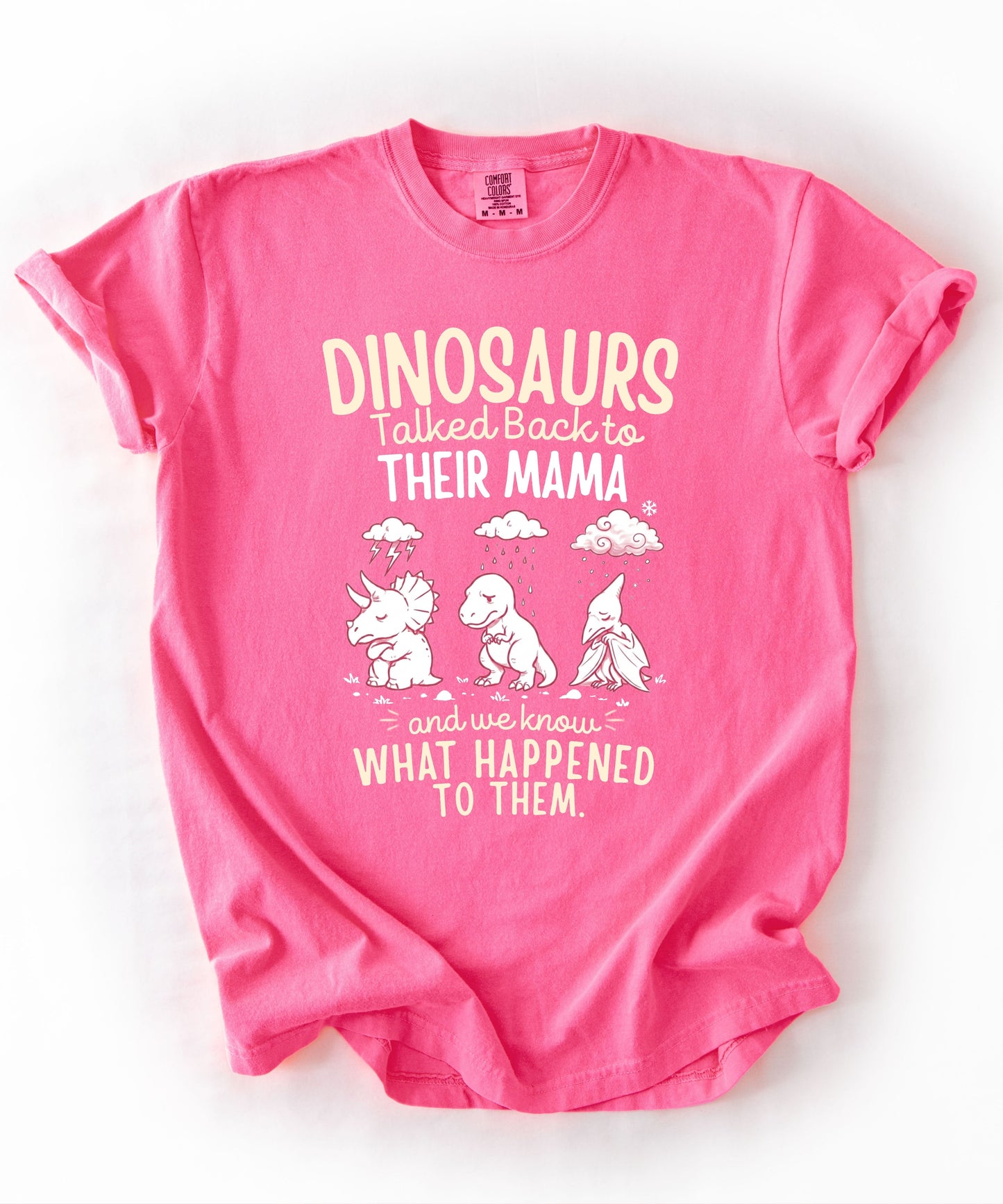 Neon Pink color Funny dinosaur graphic tee featuring retro dino illustration with phrase "Dinosaurs talked back to their mama and we know what happened to them" — front view on garment-dyed cotton