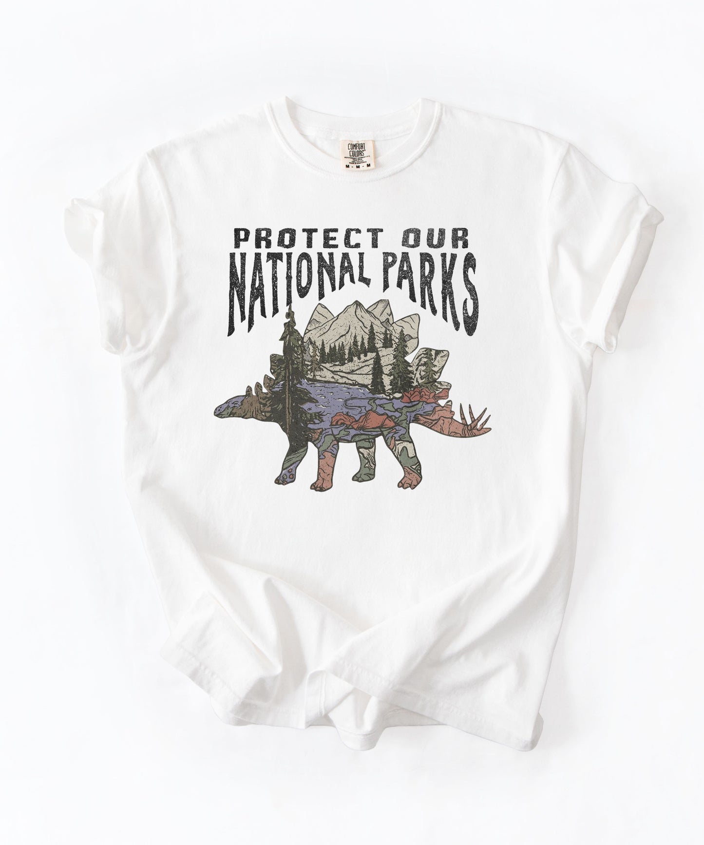 Protect Our National Parks garment-dyed t-shirt in White — vintage stegosaurus graphic with mountain landscape fill"