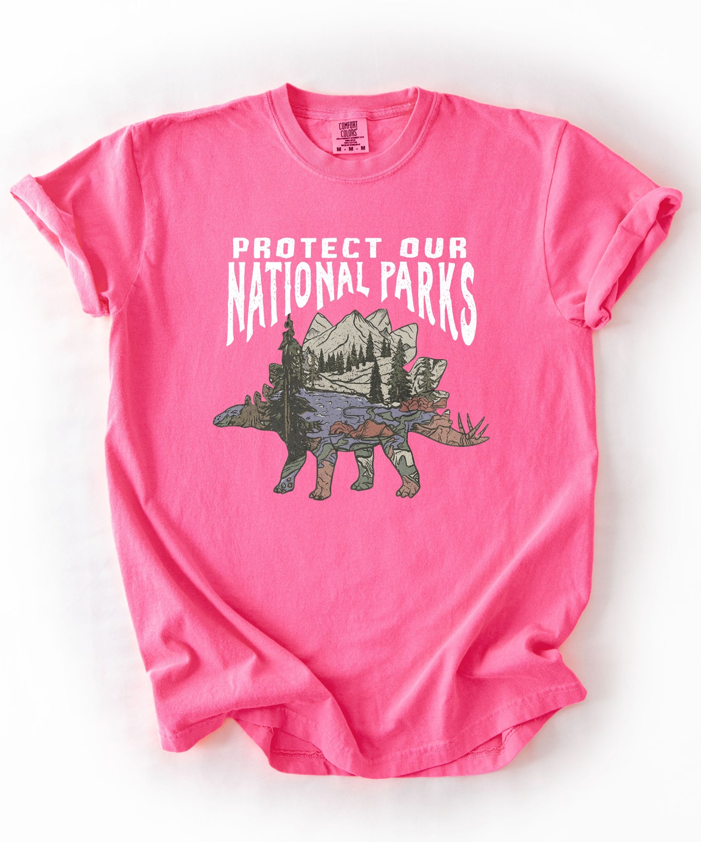 Protect Our National Parks garment-dyed t-shirt in Neon Pink— vintage stegosaurus graphic with mountain landscape fill"