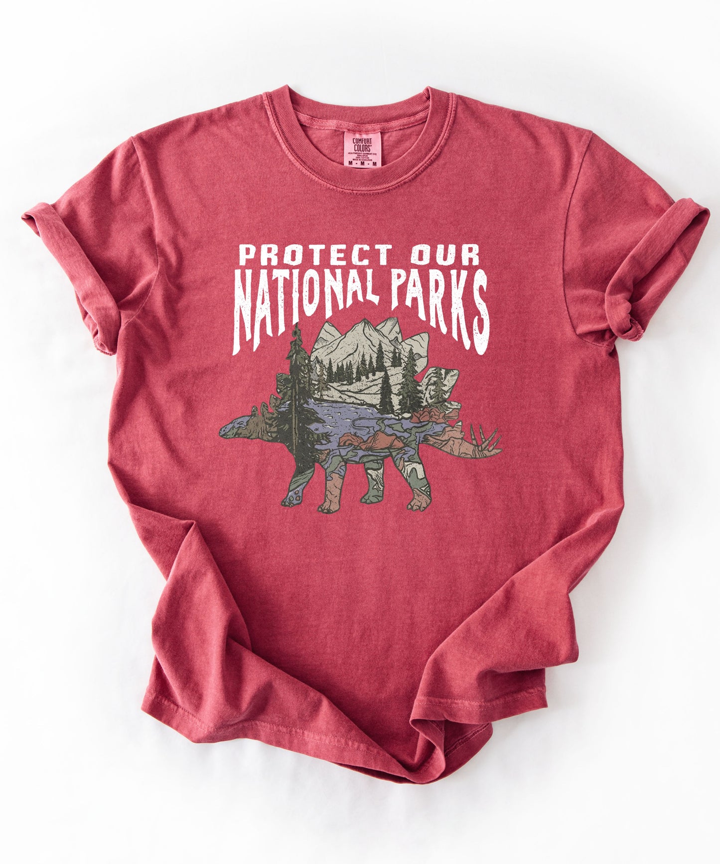 Protect Our National Parks garment-dyed t-shirt in Crimson — vintage stegosaurus graphic with mountain landscape fill"
