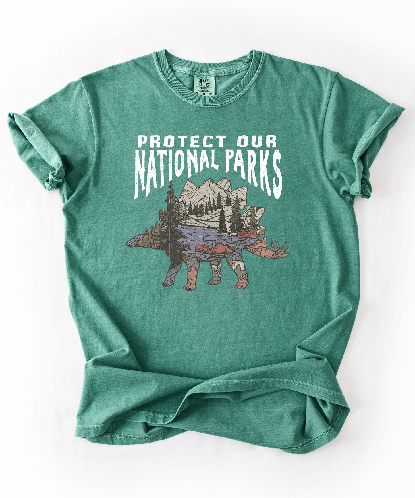 Protect Our National Parks garment-dyed t-shirt in Light Green — vintage stegosaurus graphic with mountain landscape fill"