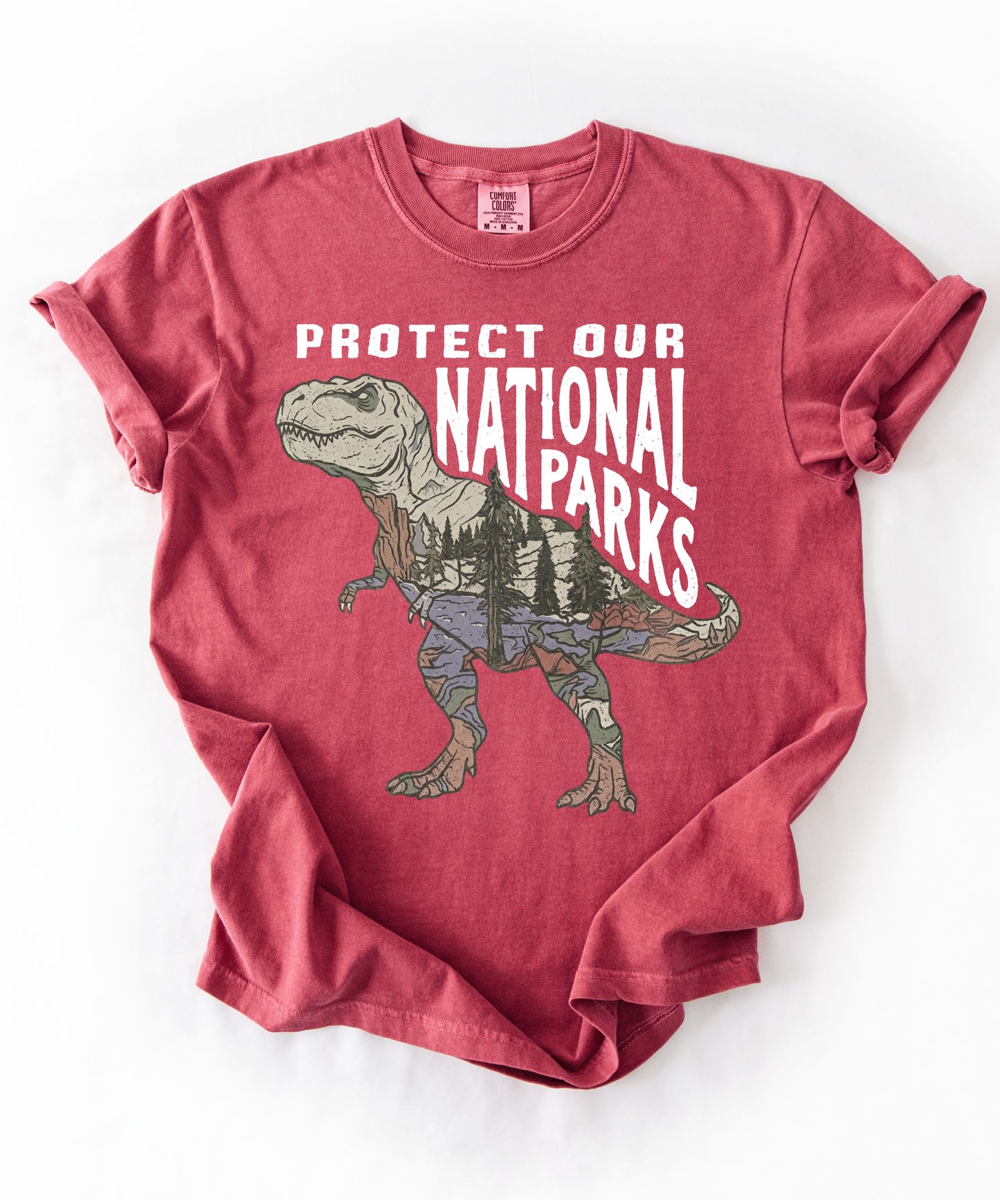 Protect Our National Parks T. Rex Graphic T-Shirt in Crimson — vintage dino conservation tee