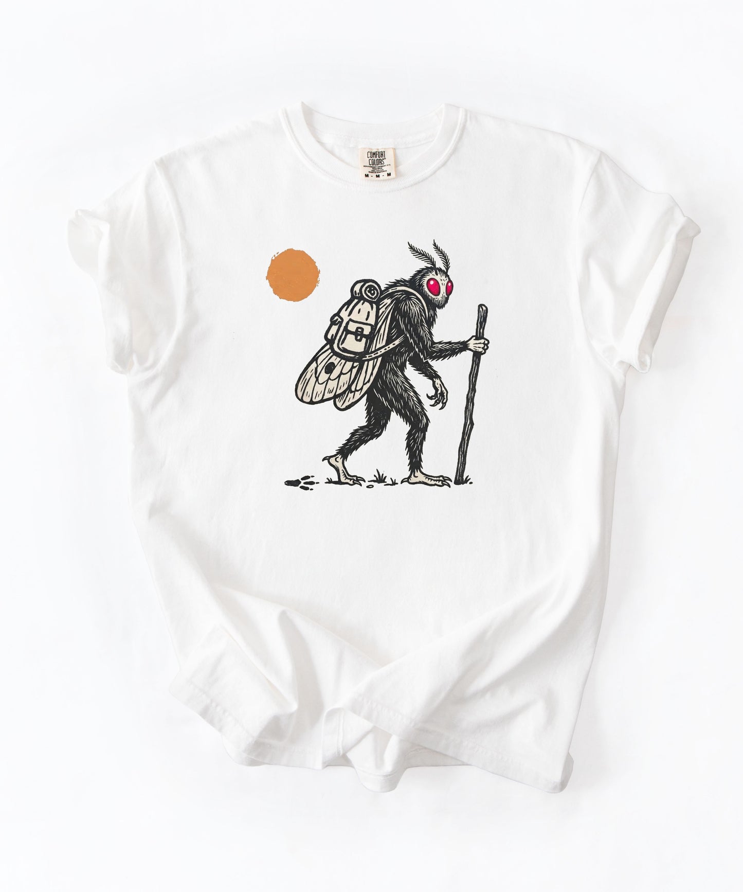 Mothman Traveler Graphic T-Shirt in White — backpacking cryptid tee with sun