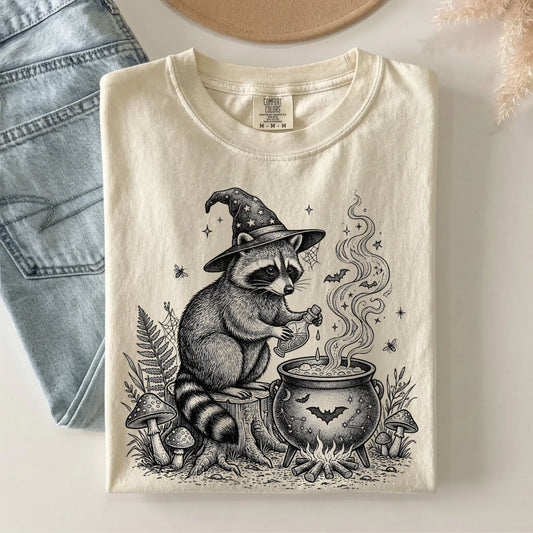 Witch Raccoon Cauldron T-Shirt in Ivory — vintage cottagecore graphic tee with hand-drawn woodland witch design