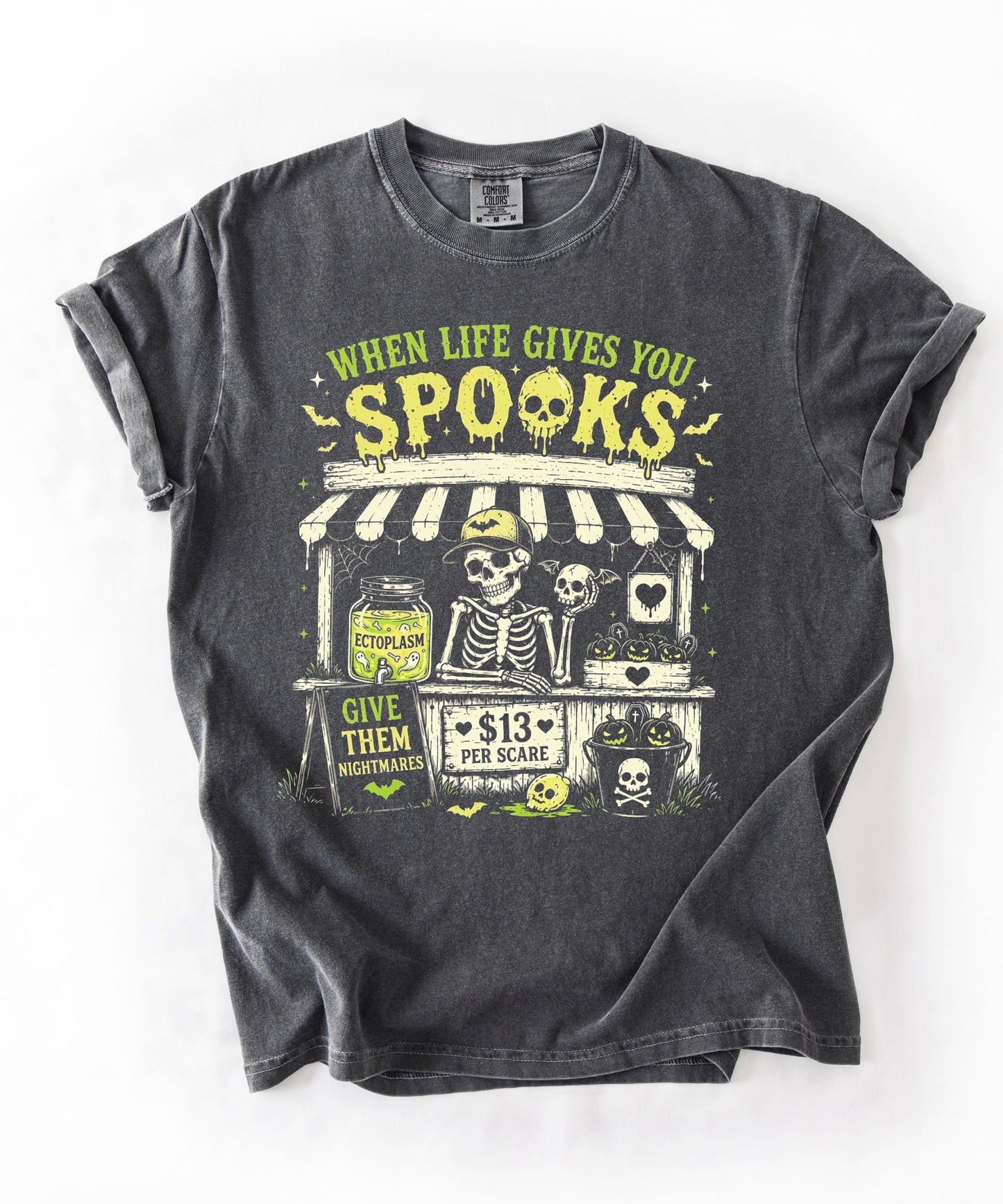 Halloween Skeleton Stand graphic tee in Pepper — goth skeleton t-shirt with "When Life Gives You Spooks" design