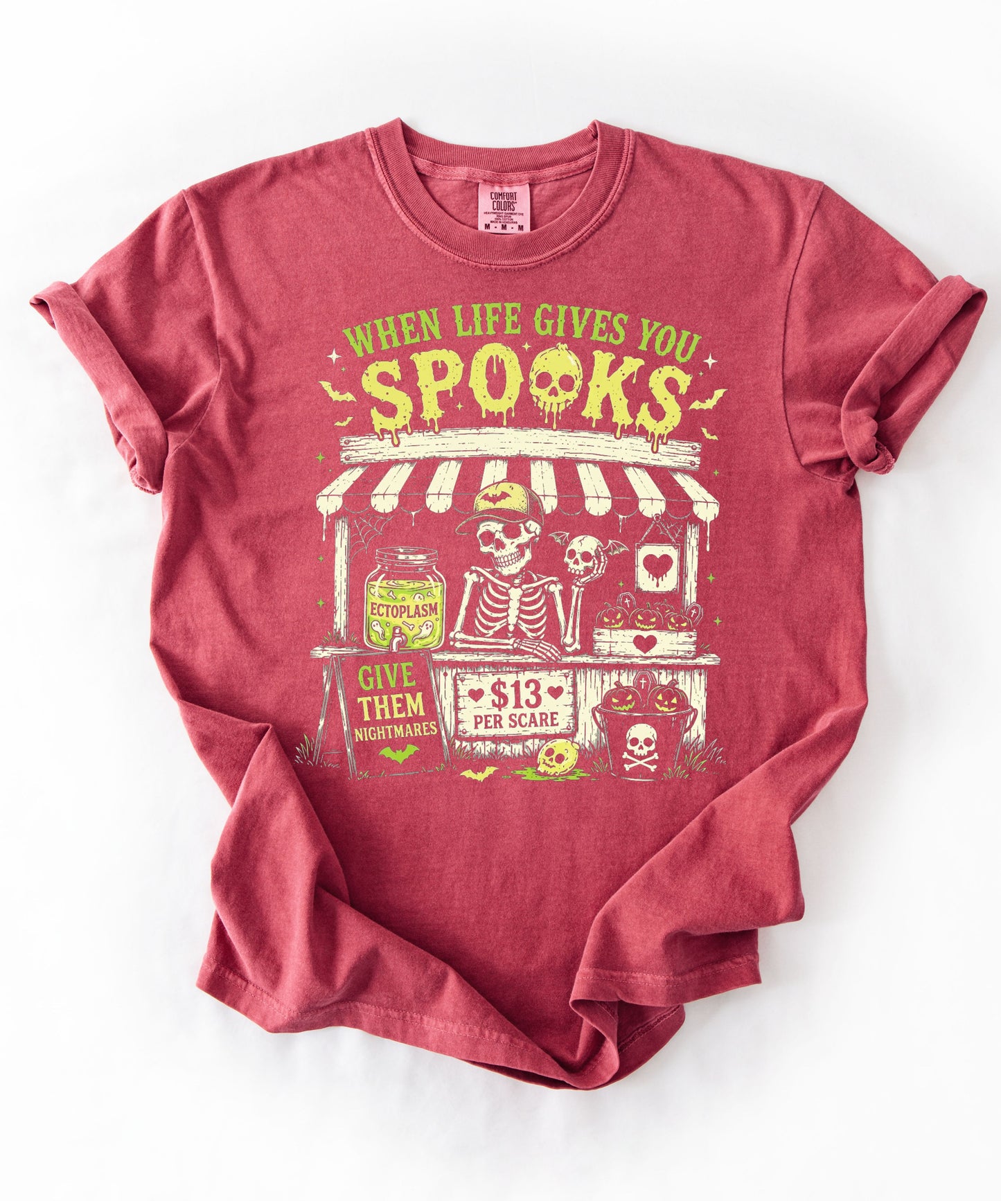 Halloween Skeleton Stand graphic tee in Crimson — goth skeleton t-shirt with "When Life Gives You Spooks" design
