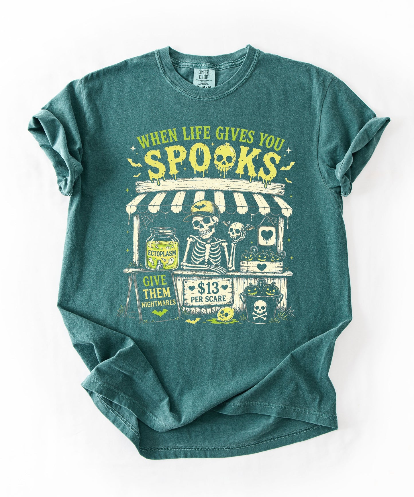 Halloween Skeleton Stand graphic tee in Blue Spruce — goth skeleton t-shirt with "When Life Gives You Spooks" design