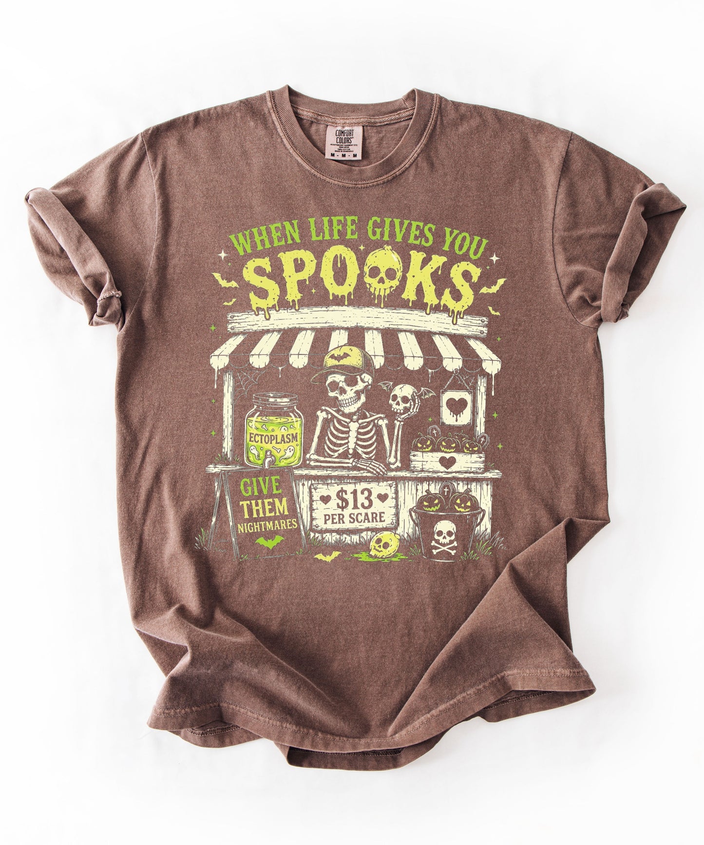 Halloween Skeleton Stand graphic tee in Espresso — goth skeleton t-shirt with "When Life Gives You Spooks" design