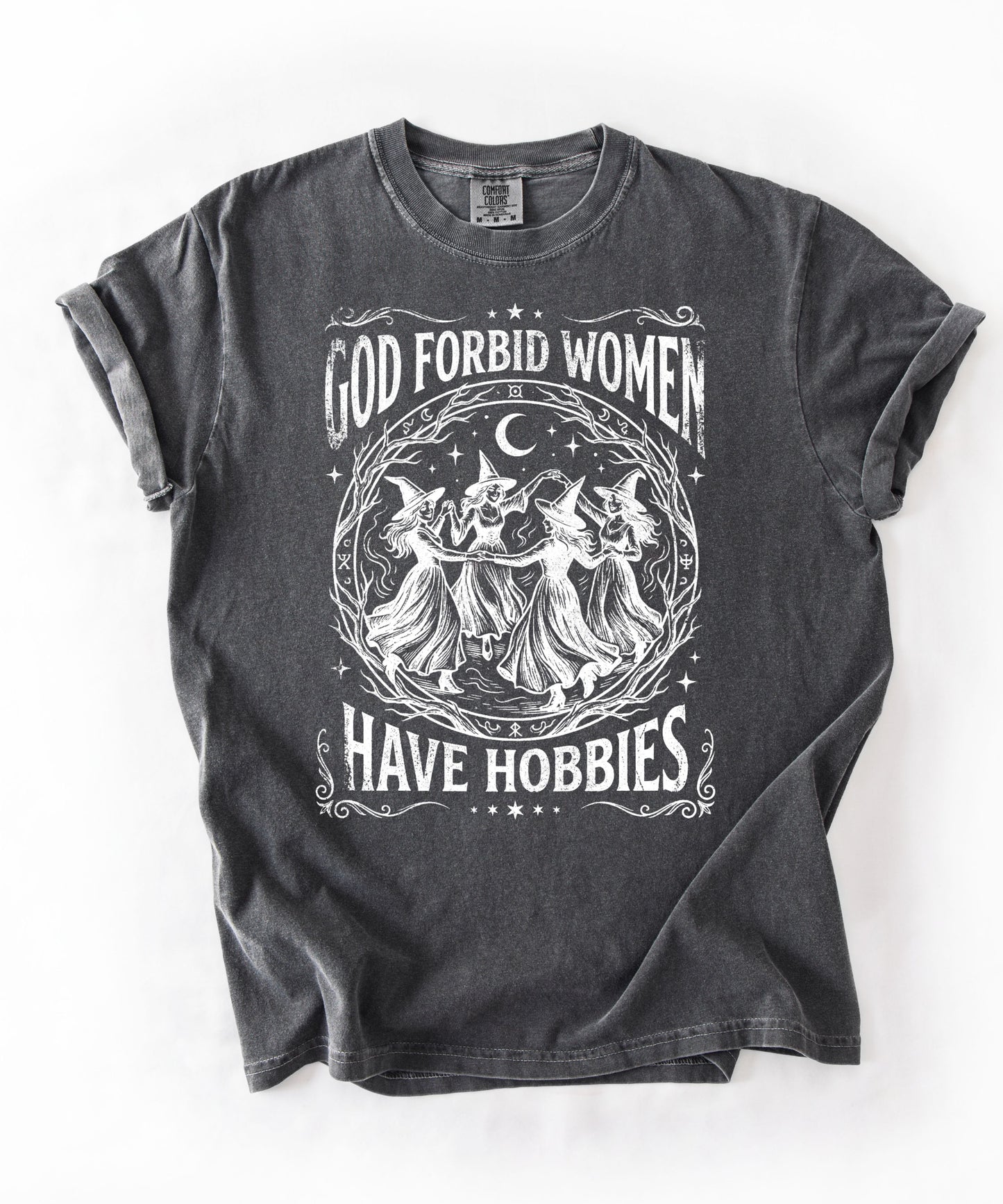 God Forbid Women Have Hobbies graphic t-shirt in Pepper — vintage witch print on garment-dyed heavyweight cotton tee.