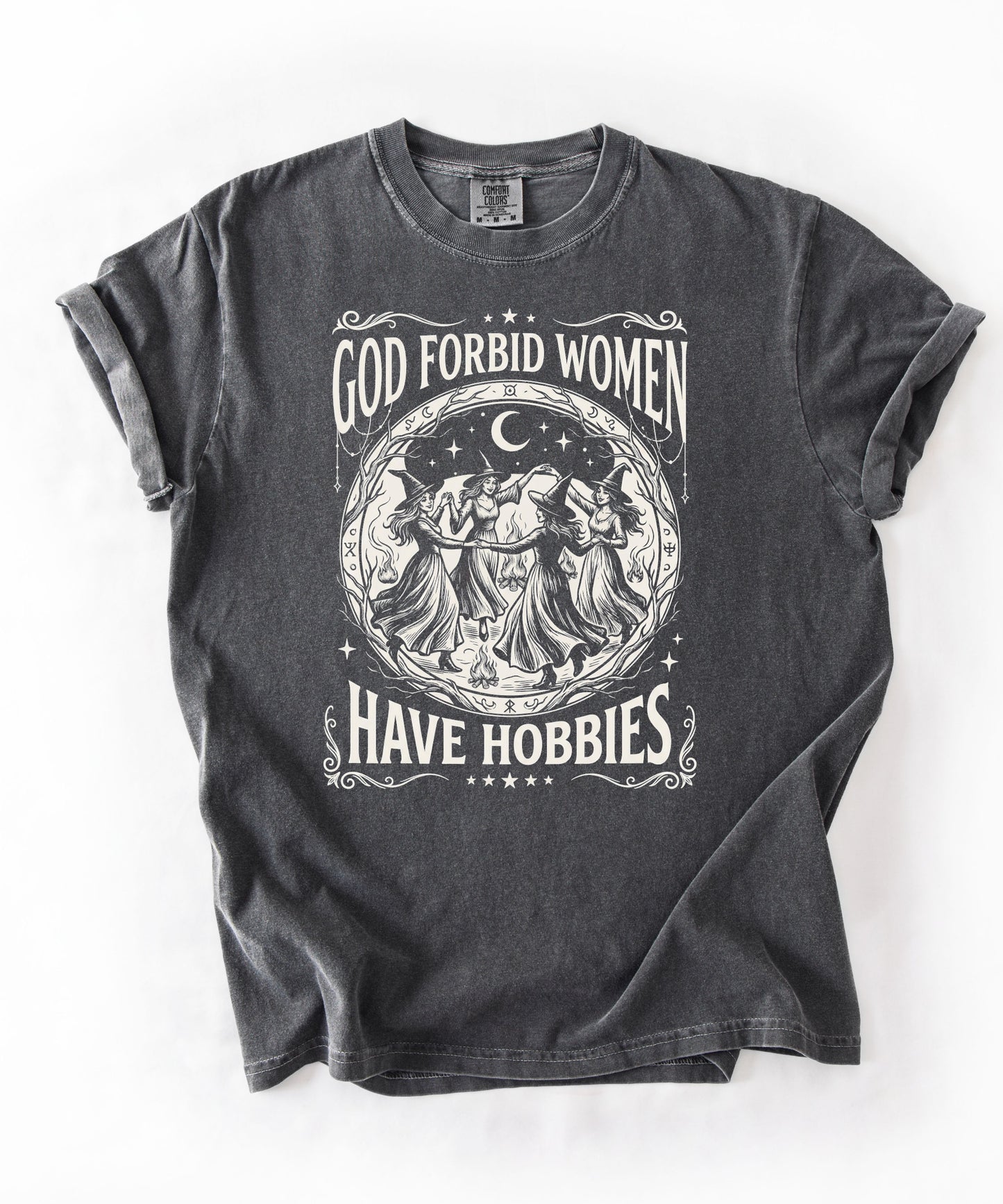 God Forbid Women Have Hobbies graphic t-shirt in Pepper — vintage witch circular print on garment-dyed heavyweight cotton tee.