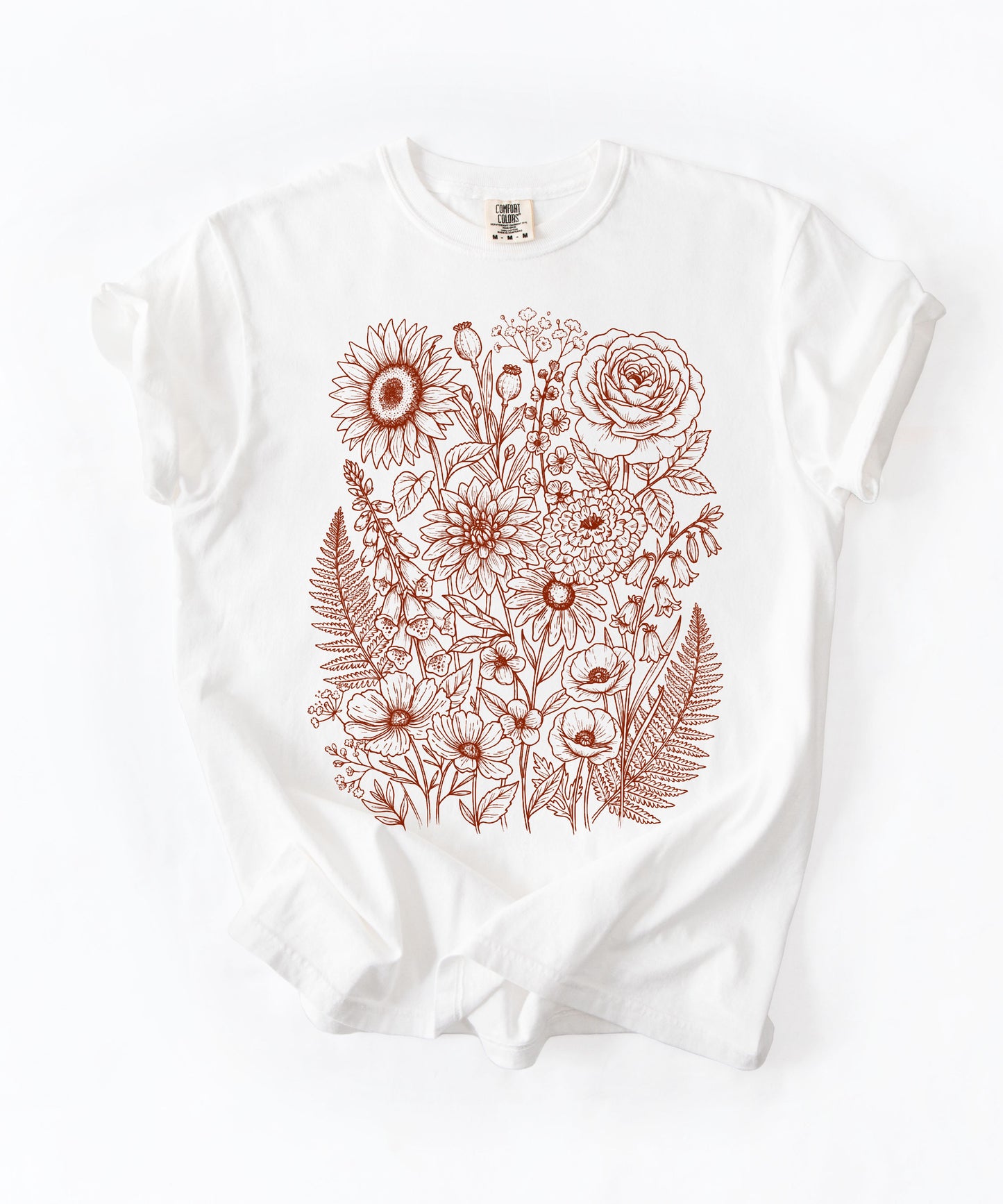 Comfort Colors®White shirt with hand-drawn botanical line art print featuring sunflower, rose, dahlia, and wildflowers