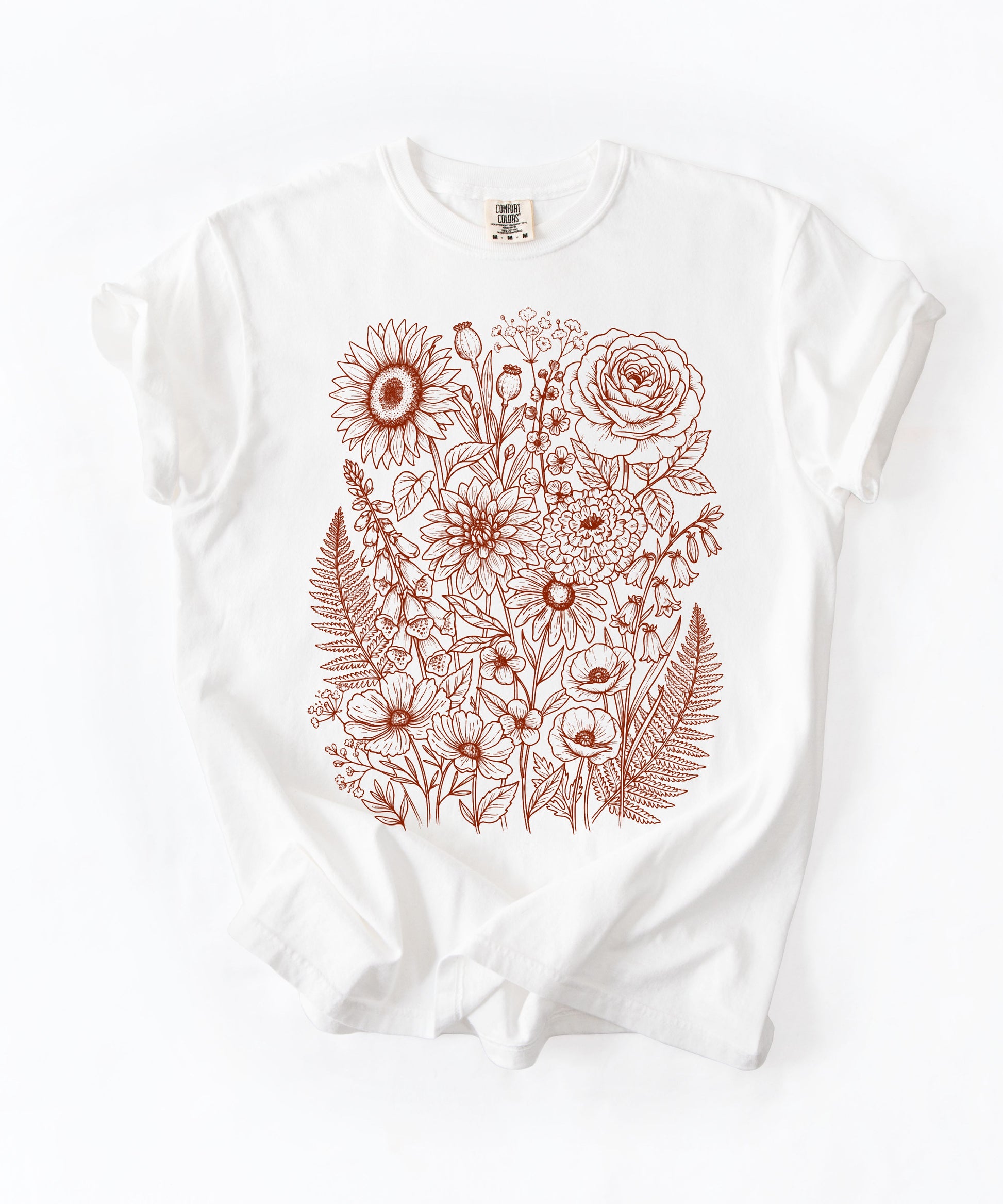 Comfort Colors®White shirt with hand-drawn botanical line art print featuring sunflower, rose, dahlia, and wildflowers