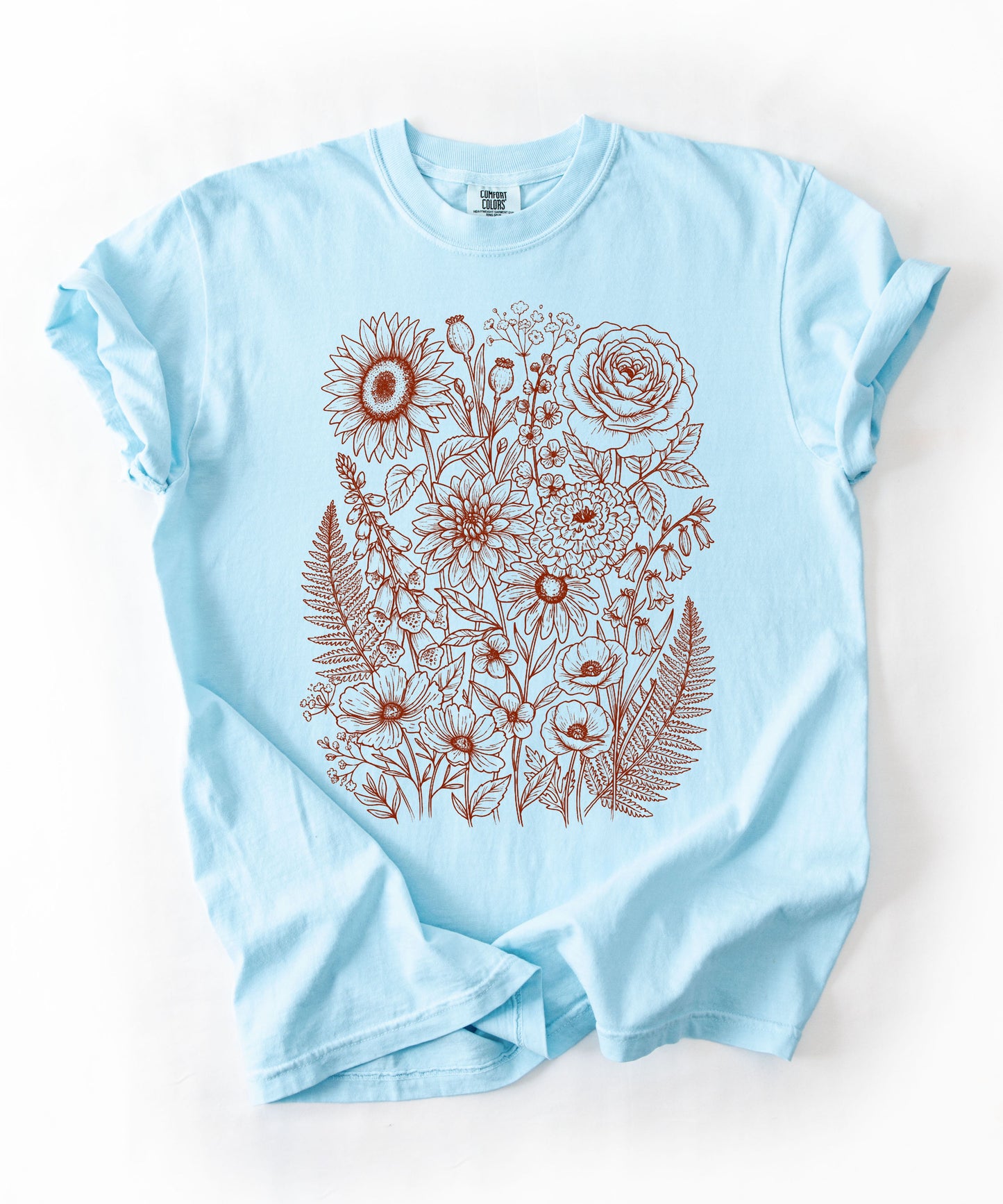 Comfort Colors® Chambray shirt with hand-drawn botanical line art print featuring sunflower, rose, dahlia, and wildflowers