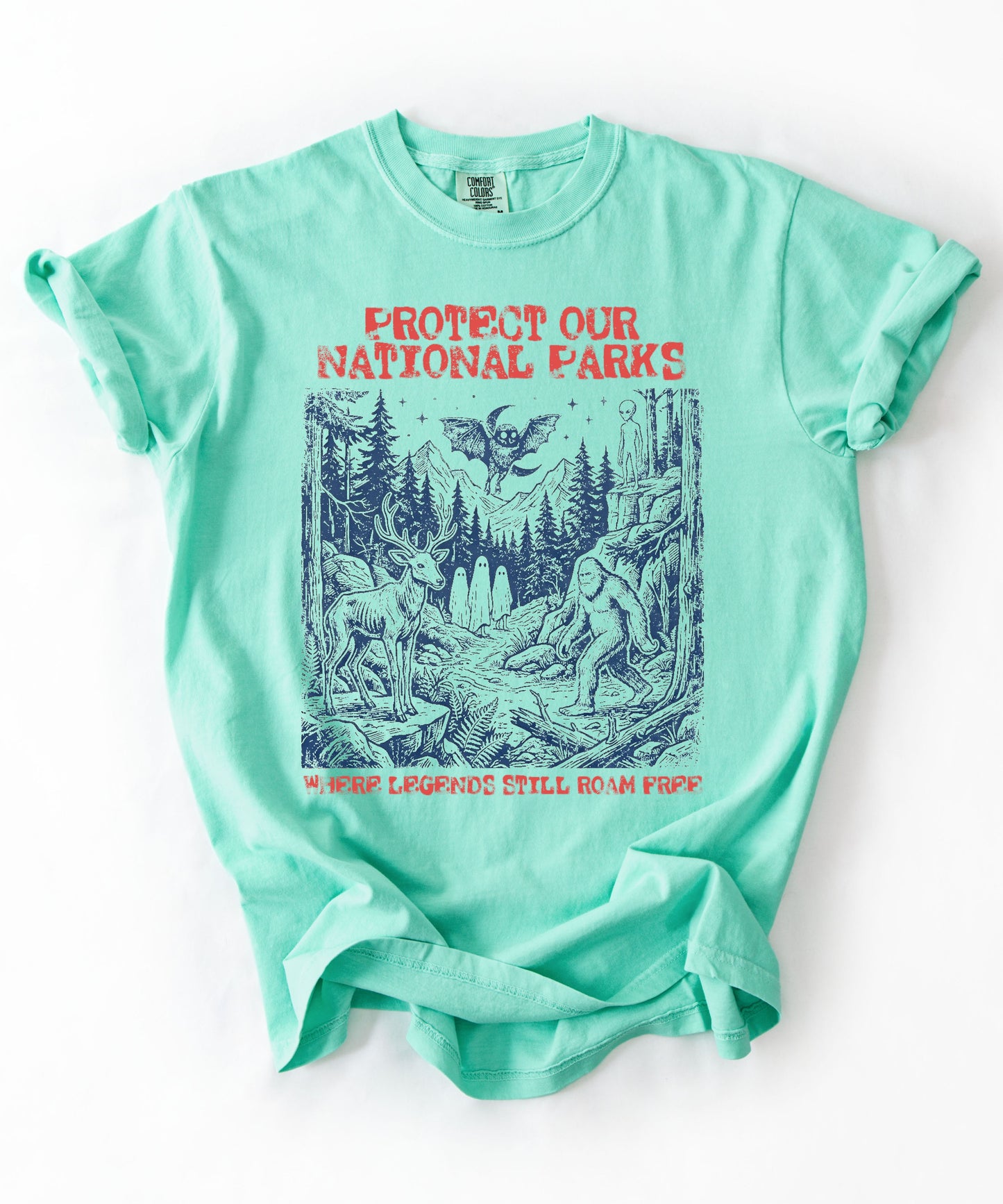 Comfort Colors® Protect Our National Parks cryptid graphic tee in island reef — Bigfoot, Mothman, aliens, ghosts wilderness scene, flat 