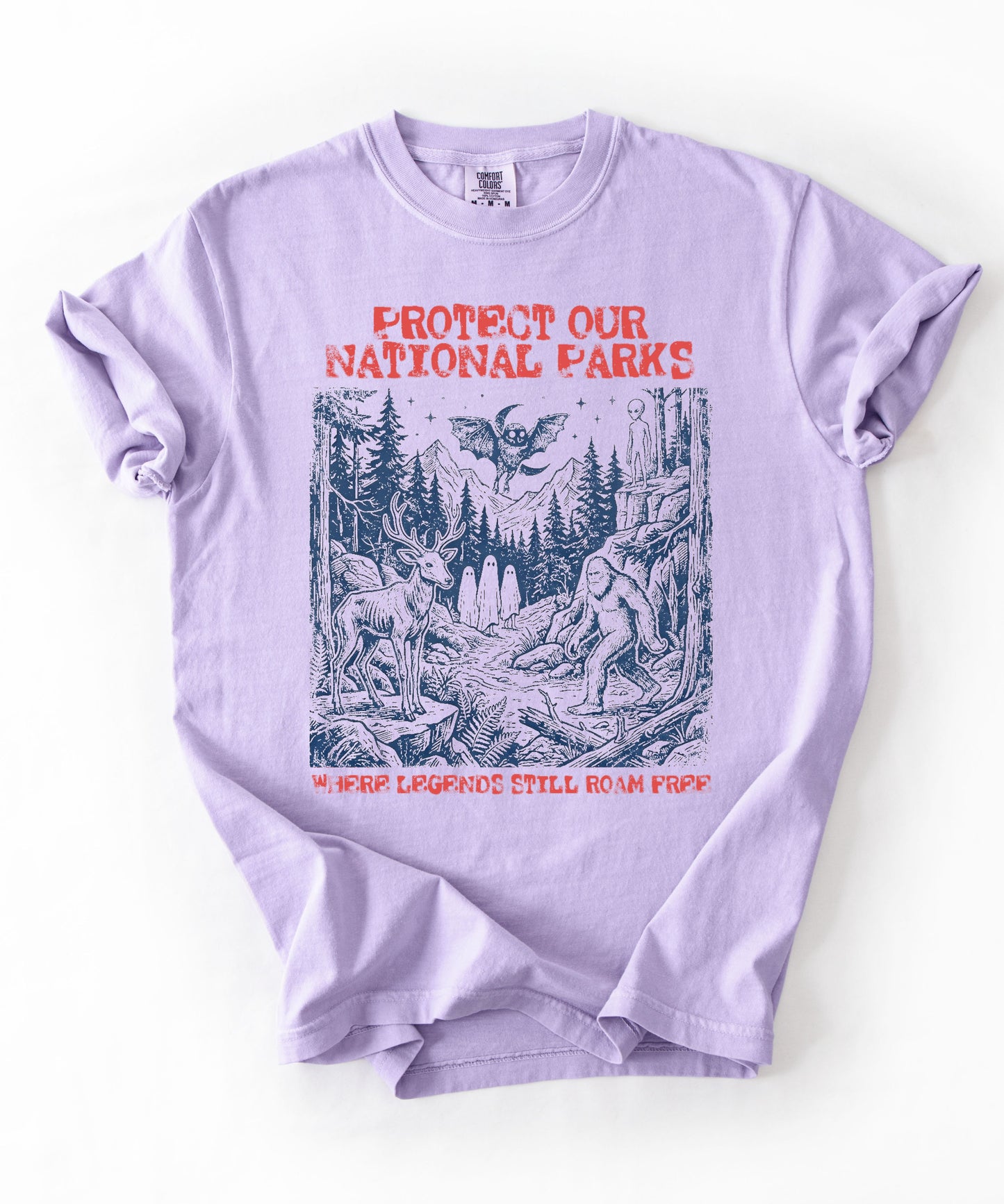 Comfort Colors® Protect Our National Parks cryptid graphic tee in Orchid — Bigfoot, Mothman, aliens, ghosts wilderness scene, flat lay