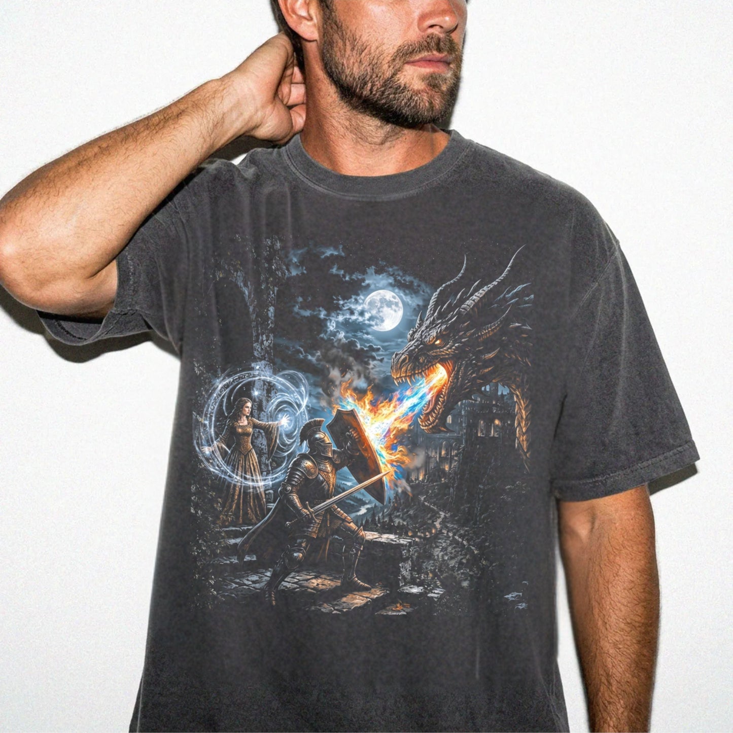 Man wearing pepper garment-dyed dragon knight fantasy t-shirt – dark romance moonlit battle graphic on relaxed fit tee