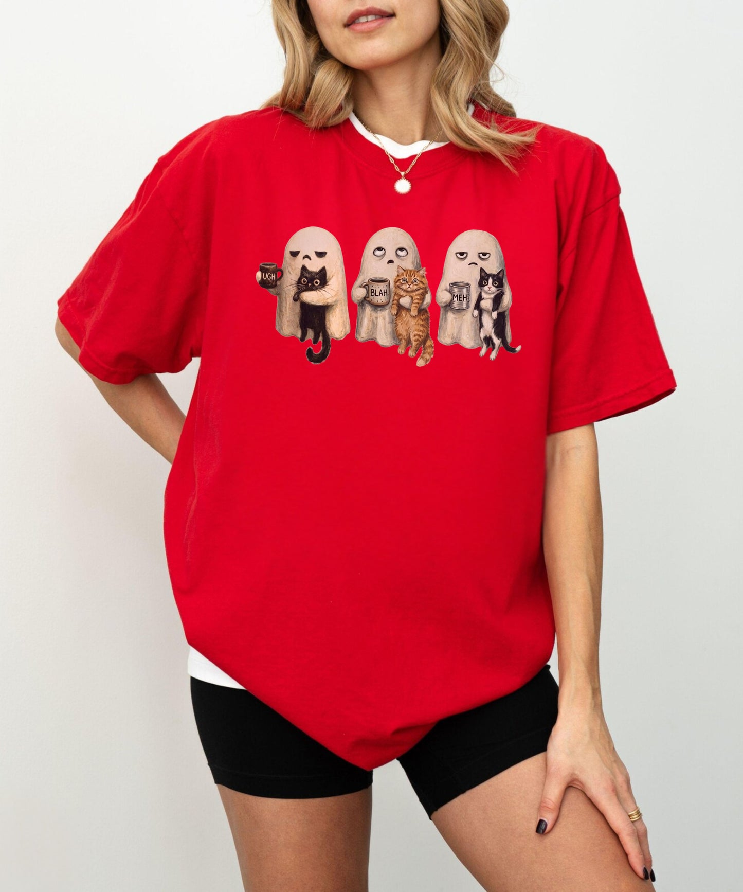 Ghost Cat graphic tee in Red with spooky ghost and cat illustration — funny introvert Halloween shirt for cat lovers