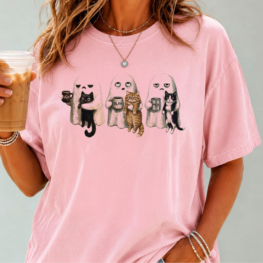 Ghost Cat graphic tee in Blossom with spooky ghost and cat illustration — funny introvert Halloween shirt for cat lovers