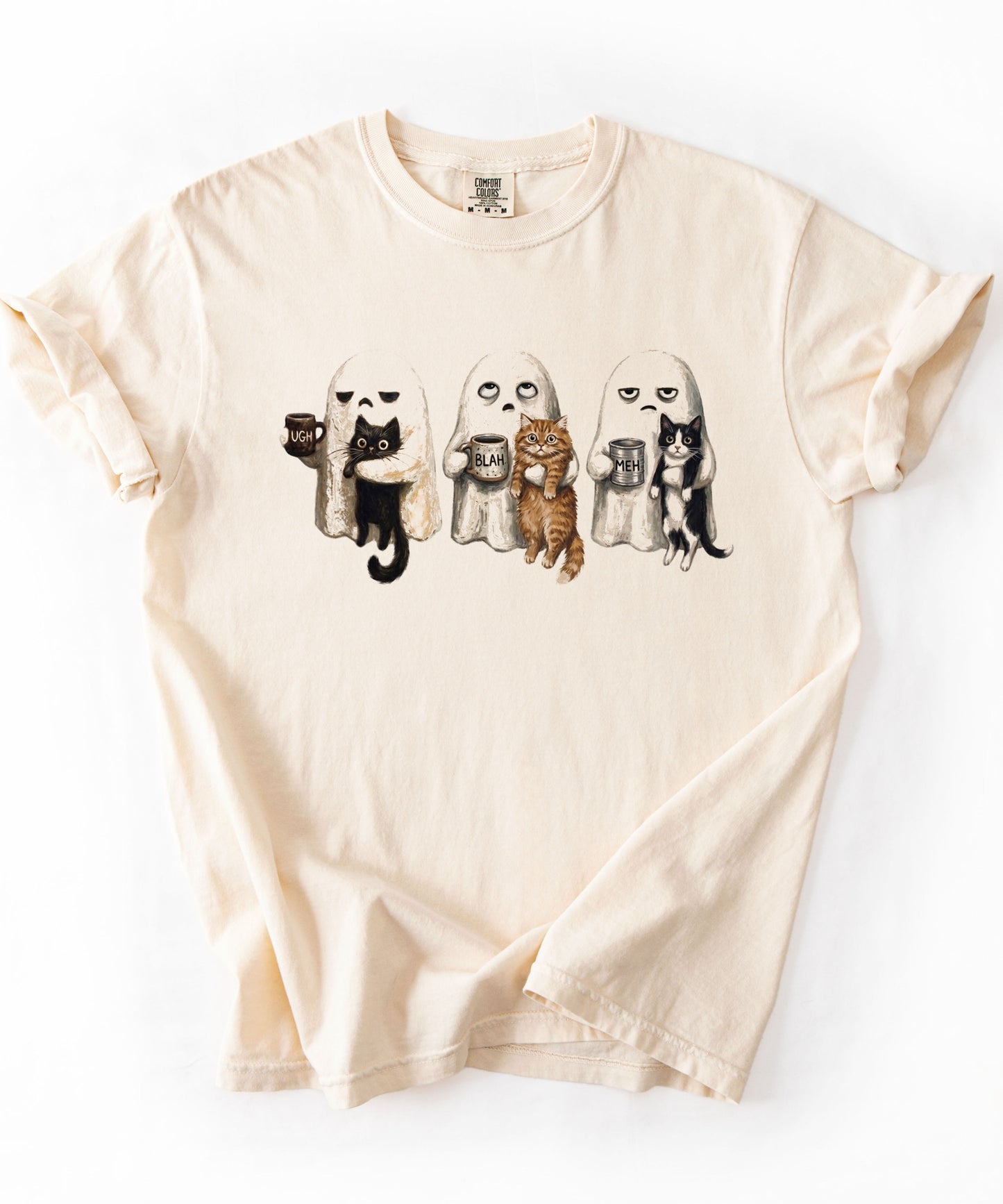 Ghost Cat graphic tee in ivory with spooky ghost and cat illustration — funny introvert Halloween shirt for cat lovers