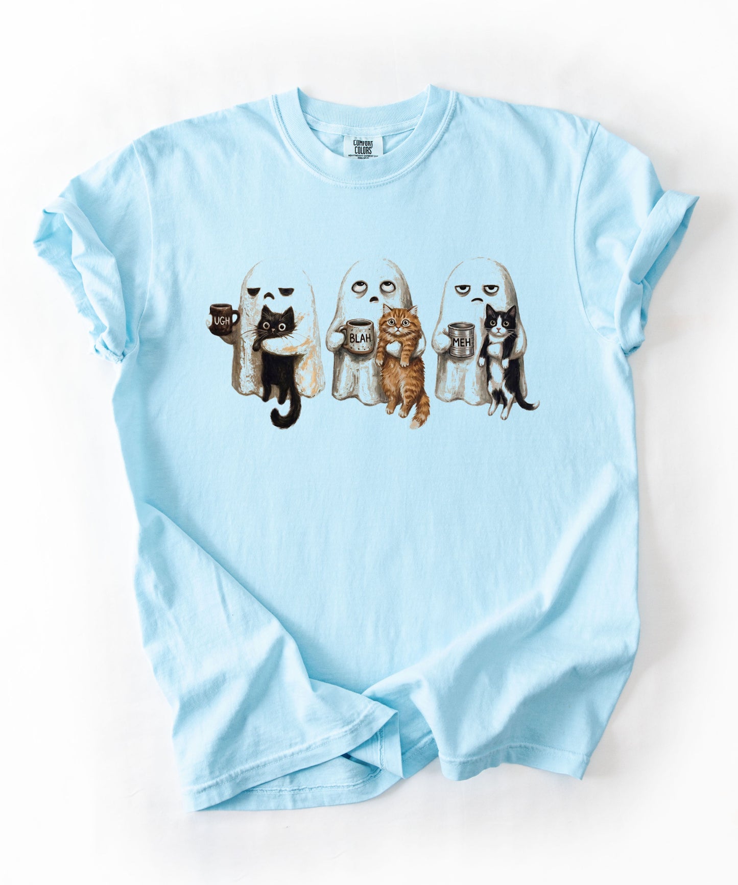 Ghost Cat graphic tee in Chambray with spooky ghost and cat illustration — funny introvert Halloween shirt for cat lovers