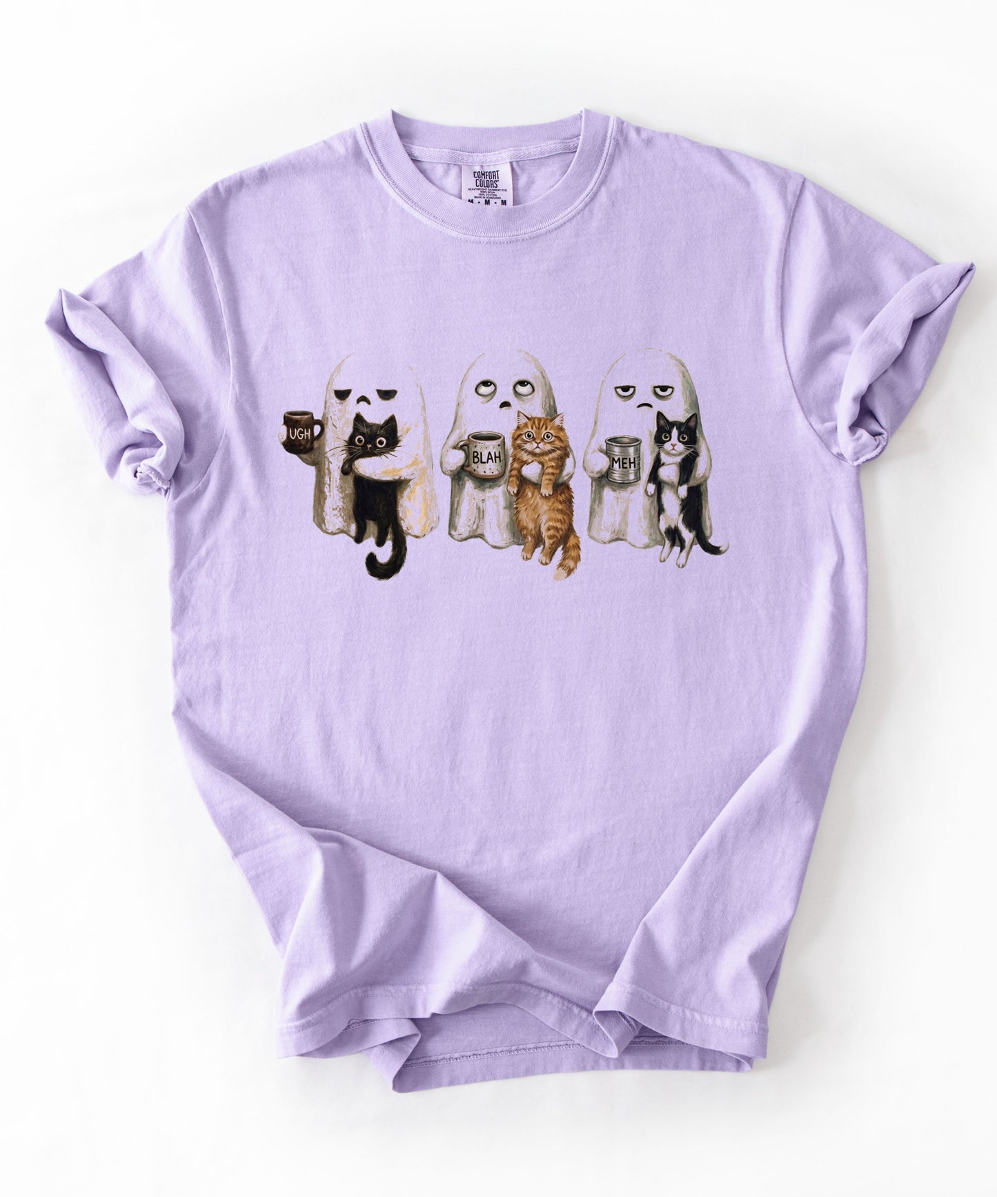 Ghost Cat graphic tee in Orchid with spooky ghost and cat illustration — funny introvert Halloween shirt for cat lovers