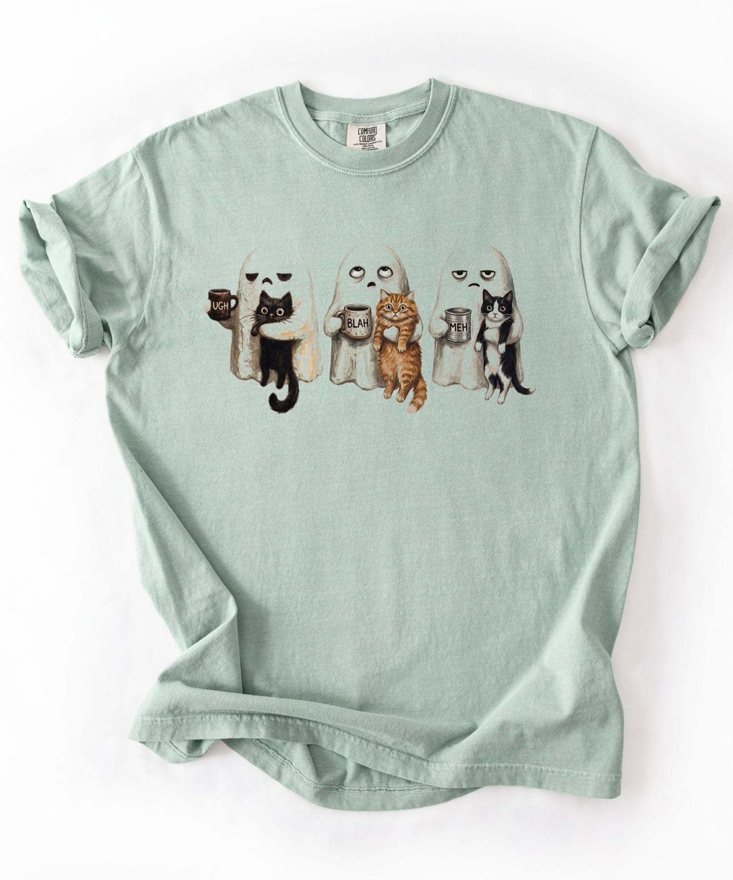 Ghost Cat graphic tee in Bay with spooky ghost and cat illustration — funny introvert Halloween shirt for cat lovers