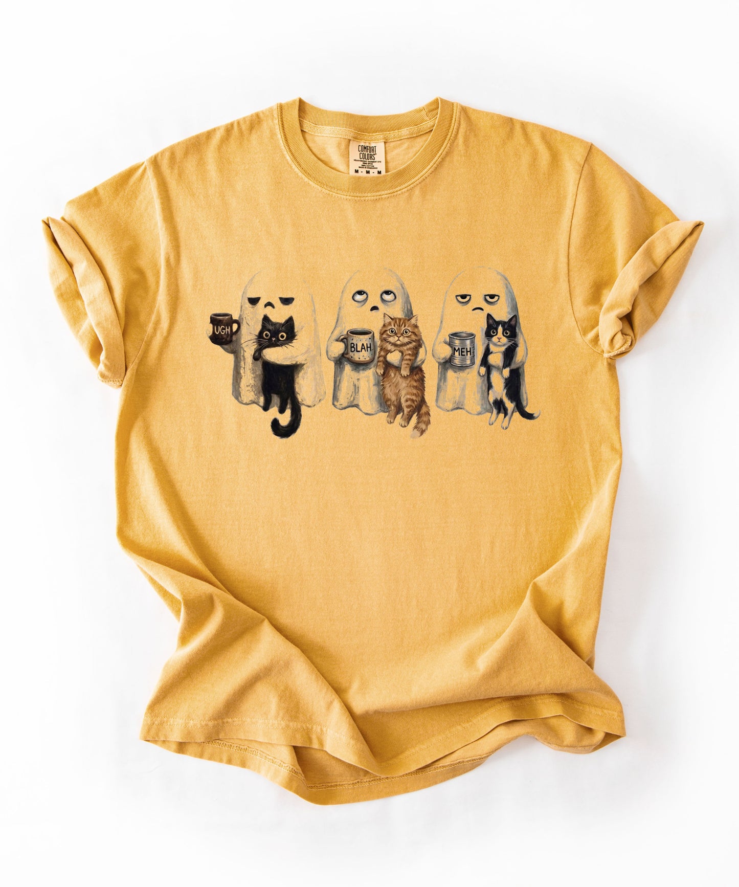 Ghost Cat graphic tee in Mustard with spooky ghost and cat illustration — funny introvert Halloween shirt for cat lovers