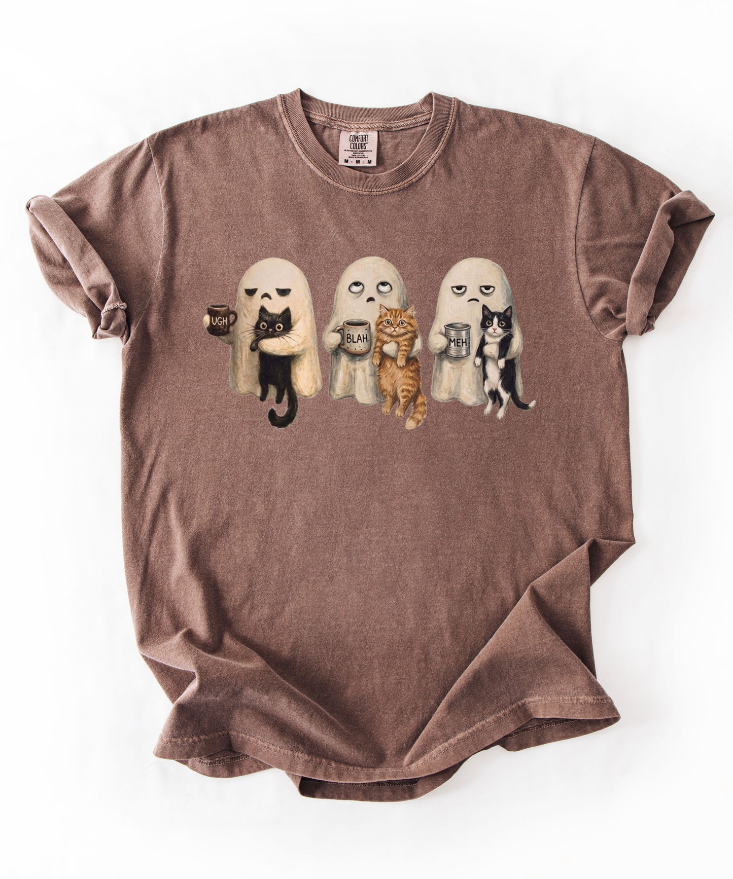 Ghost Cat graphic tee in Espresso with spooky ghost and cat illustration — funny introvert Halloween shirt for cat lovers