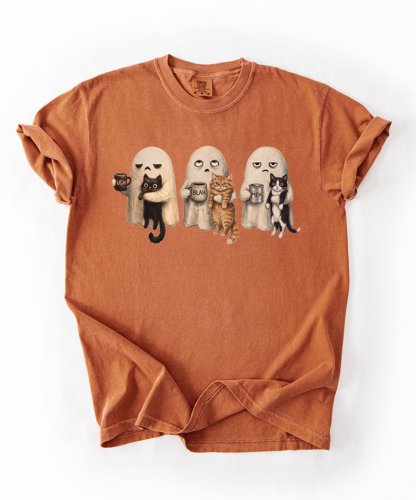 Ghost Cat graphic tee in Yam with spooky ghost and cat illustration — funny introvert Halloween shirt for cat lovers