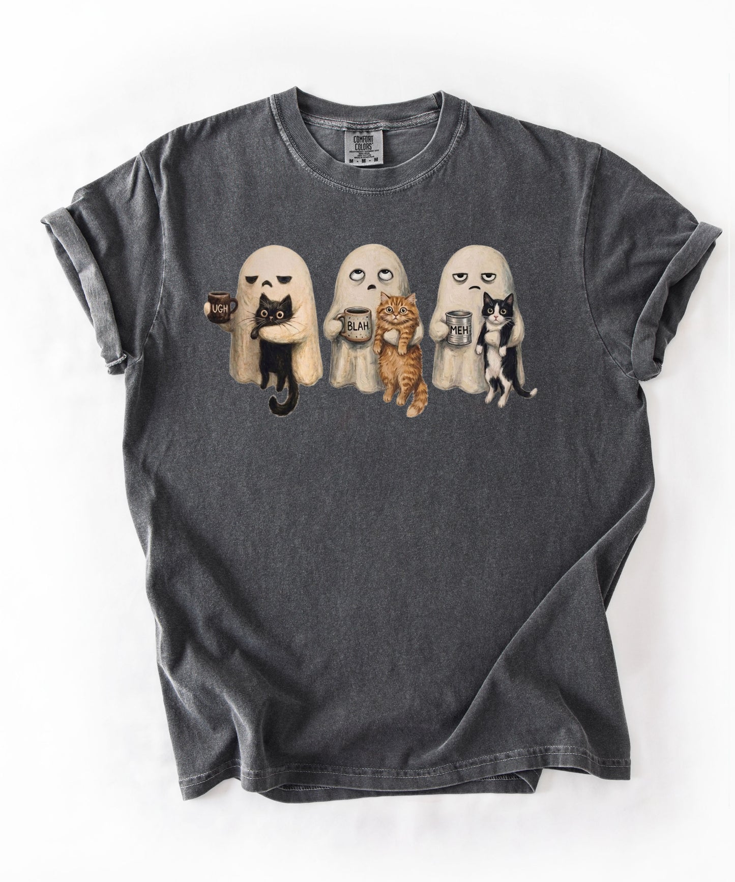 Ghost Cat graphic tee in Pepper with spooky ghost and cat illustration — funny introvert Halloween shirt for cat lovers