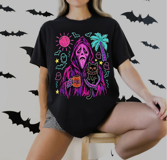 Neon Summerween reaper holding MEH mug and grumpy black cat graphic on black Comfort Colors tee