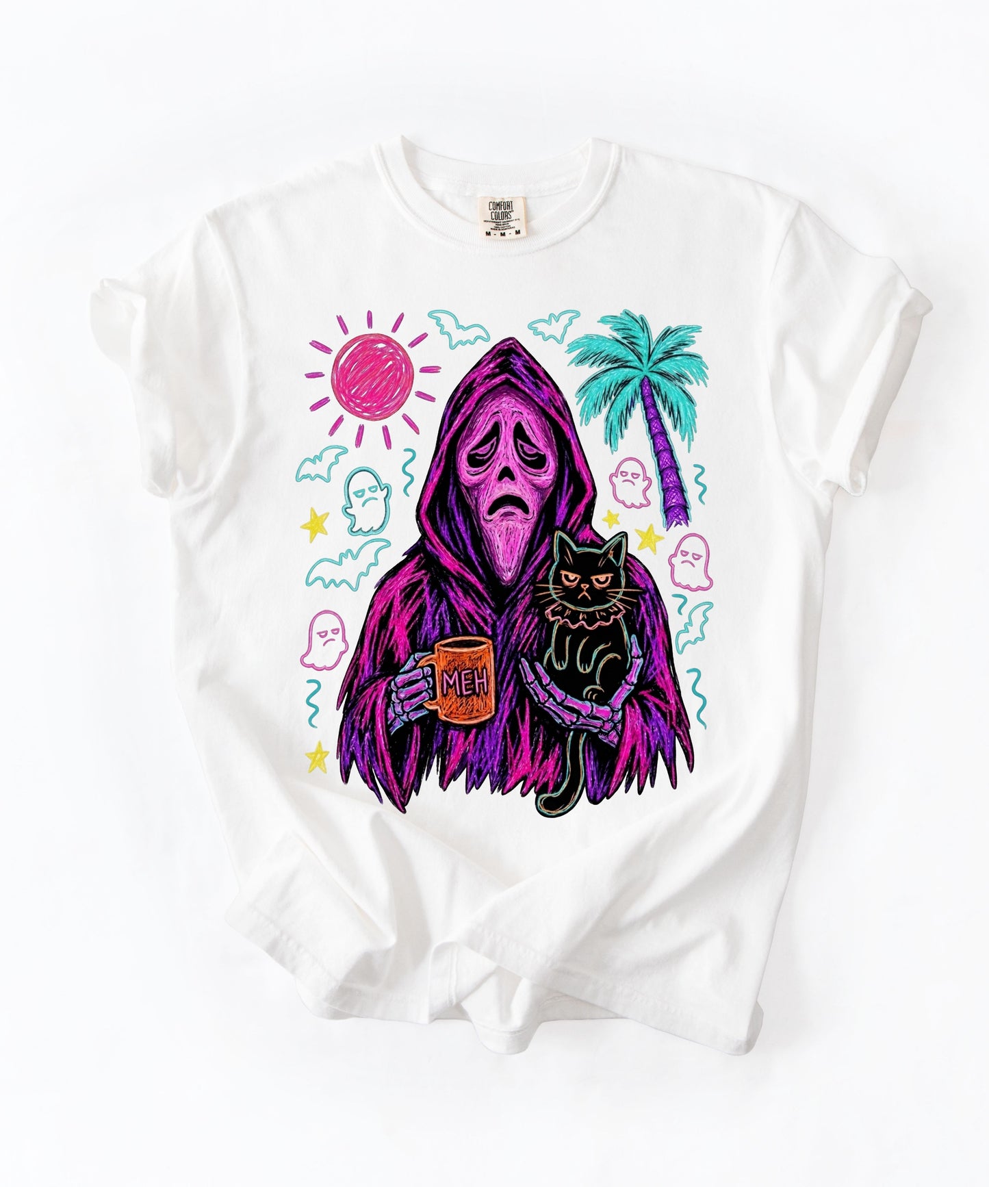 Summerween neon reaper MEH coffee mug black cat graphic on White Comfort Colors tee