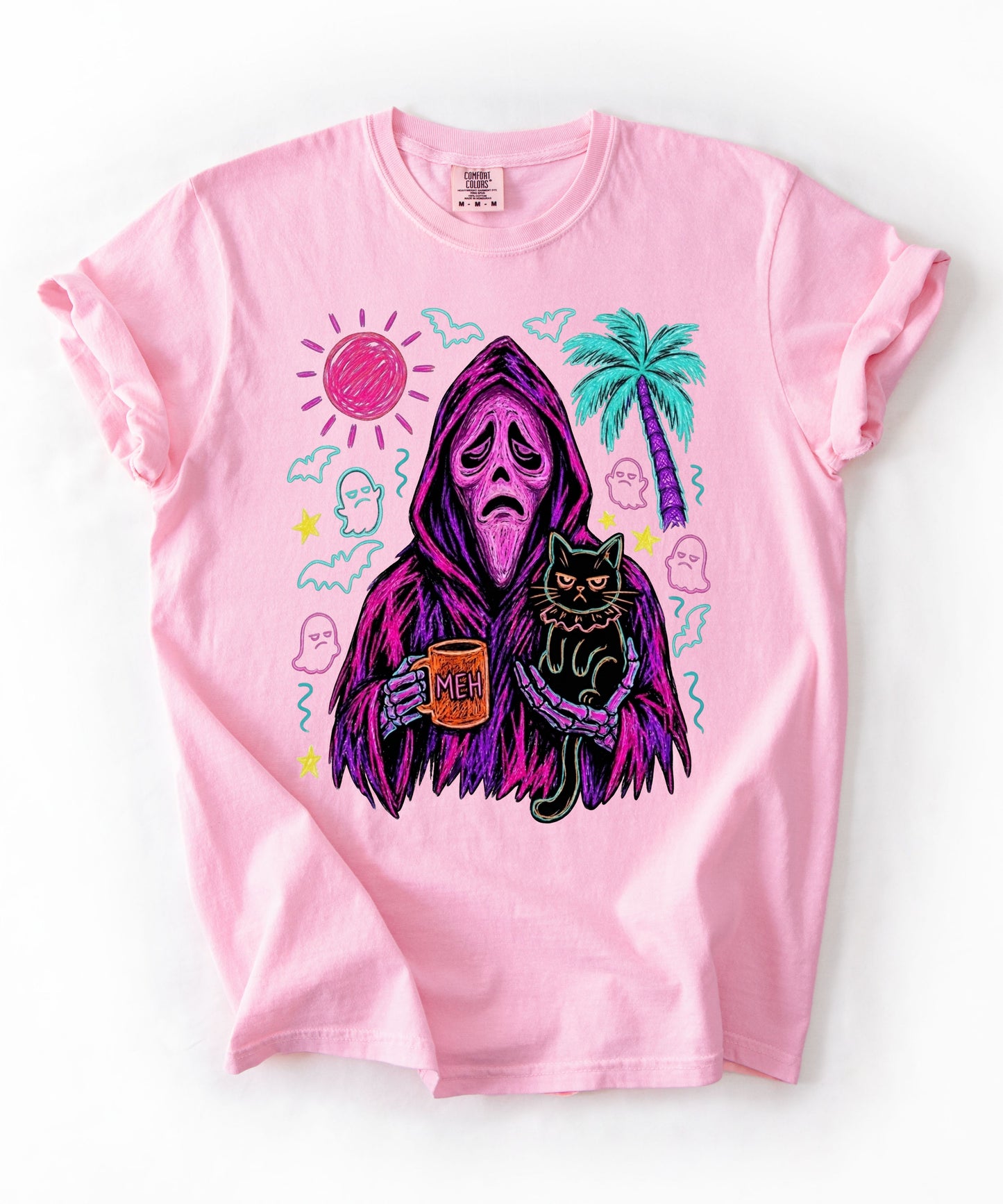 Summerween neon reaper MEH coffee mug black cat graphic on Blossom Comfort Colors tee