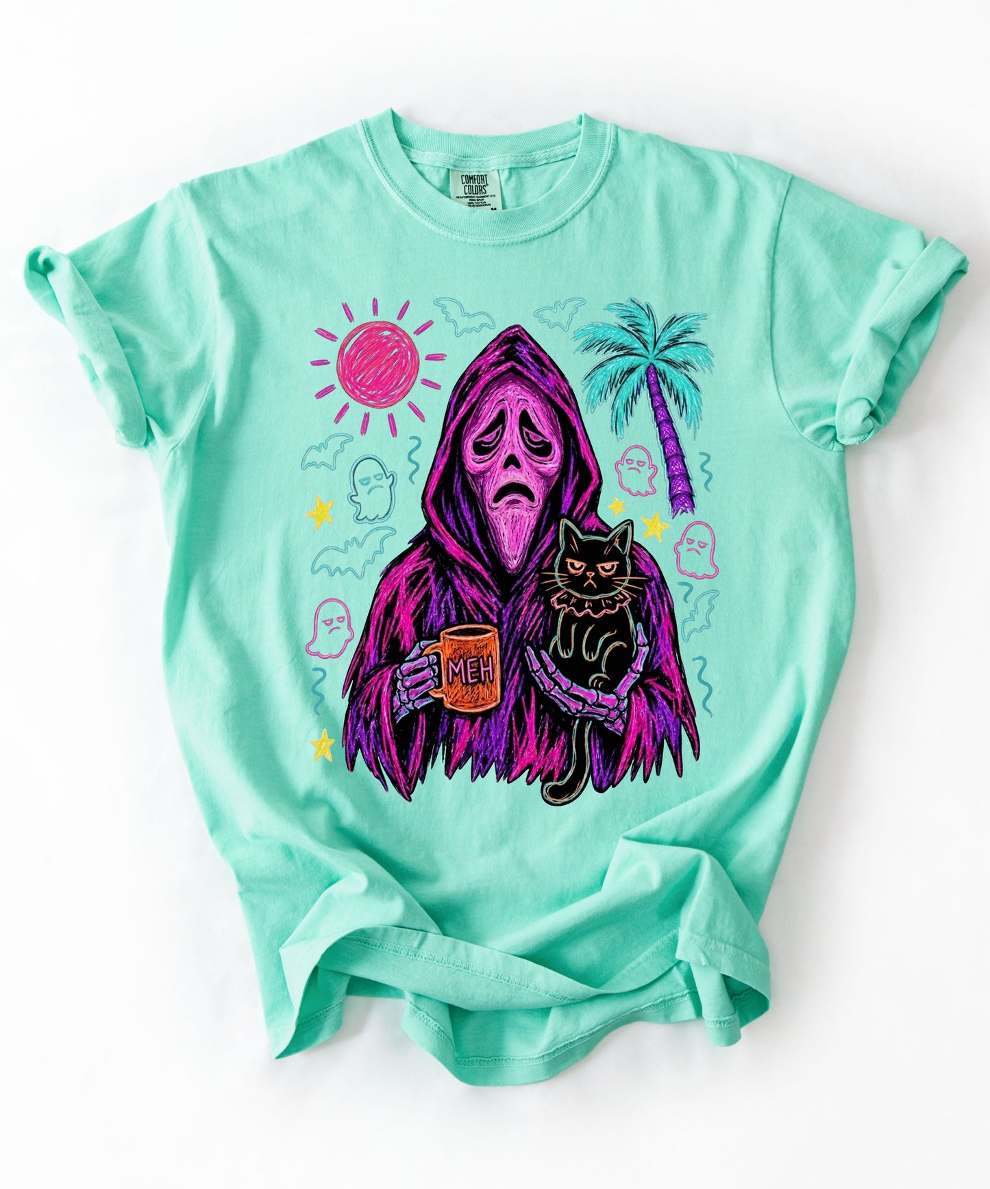 Summerween neon reaper MEH coffee mug black cat graphic on Island Reef Comfort Colors tee