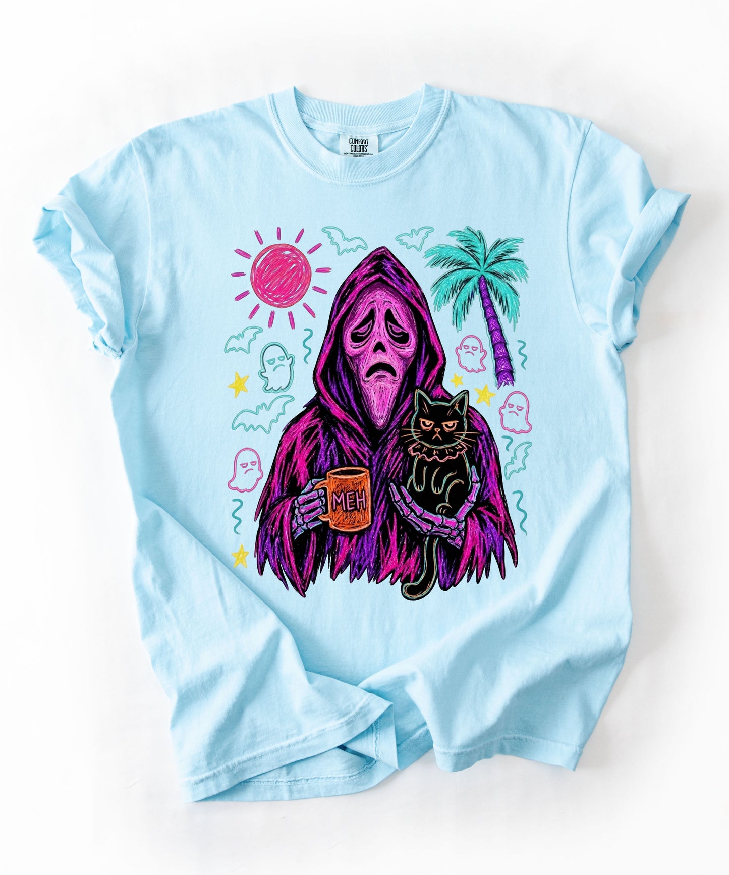 Summerween neon reaper MEH coffee mug black cat graphic on Chambray Comfort Colors tee