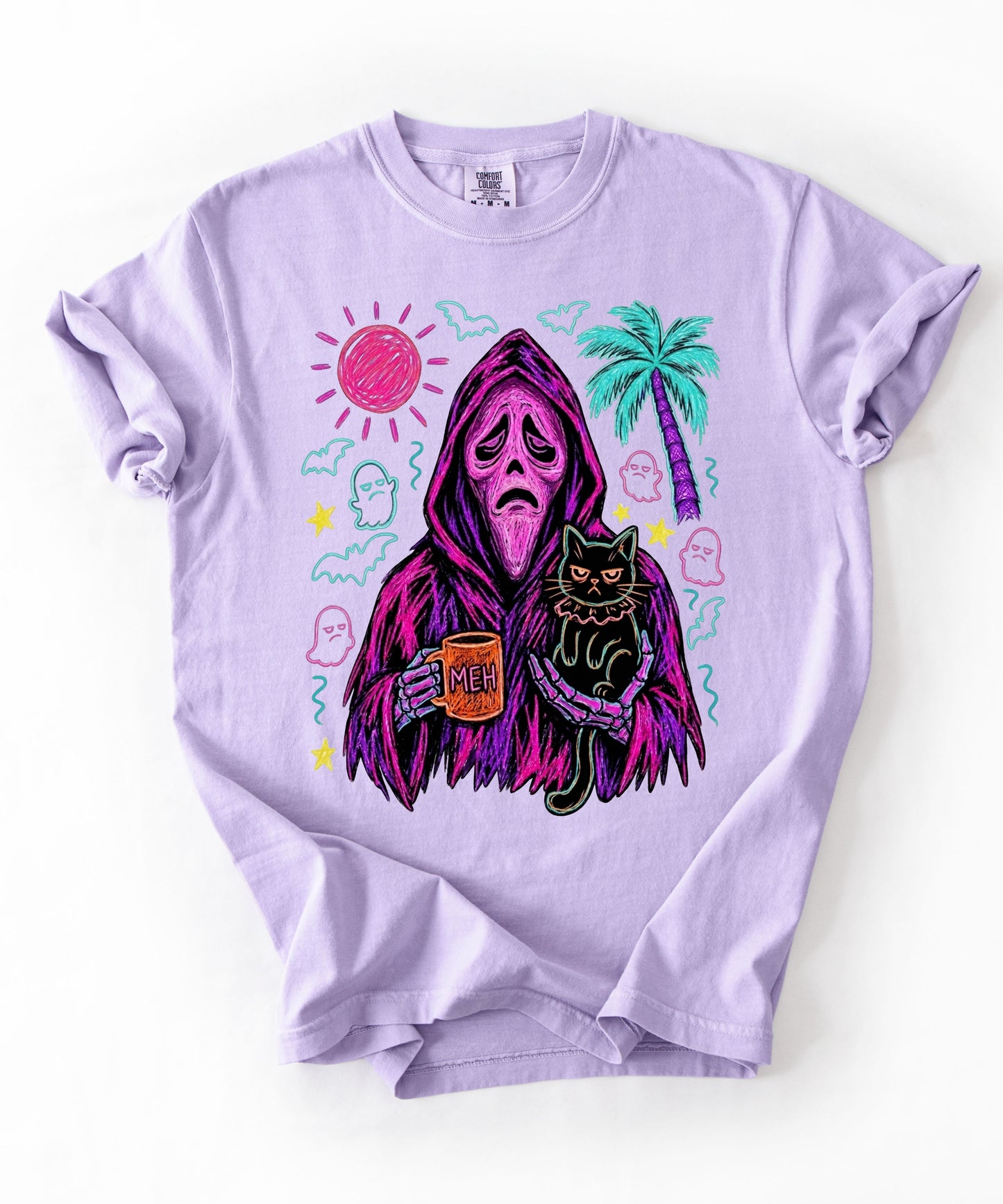 Summerween neon reaper MEH coffee mug black cat graphic on Orchid Comfort Colors tee